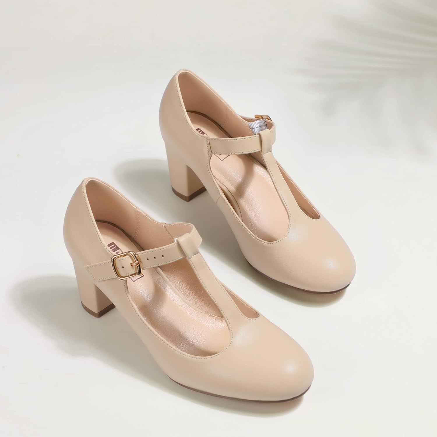 image:imageIDIFU Womens Pumps Dress Shoes for Women Mary Jane Low Chunky Closed Toe TStrap Womens Dress Shoes Wedding Shoes for Bride Black Nude Silver Heels for WomenBeige Pu