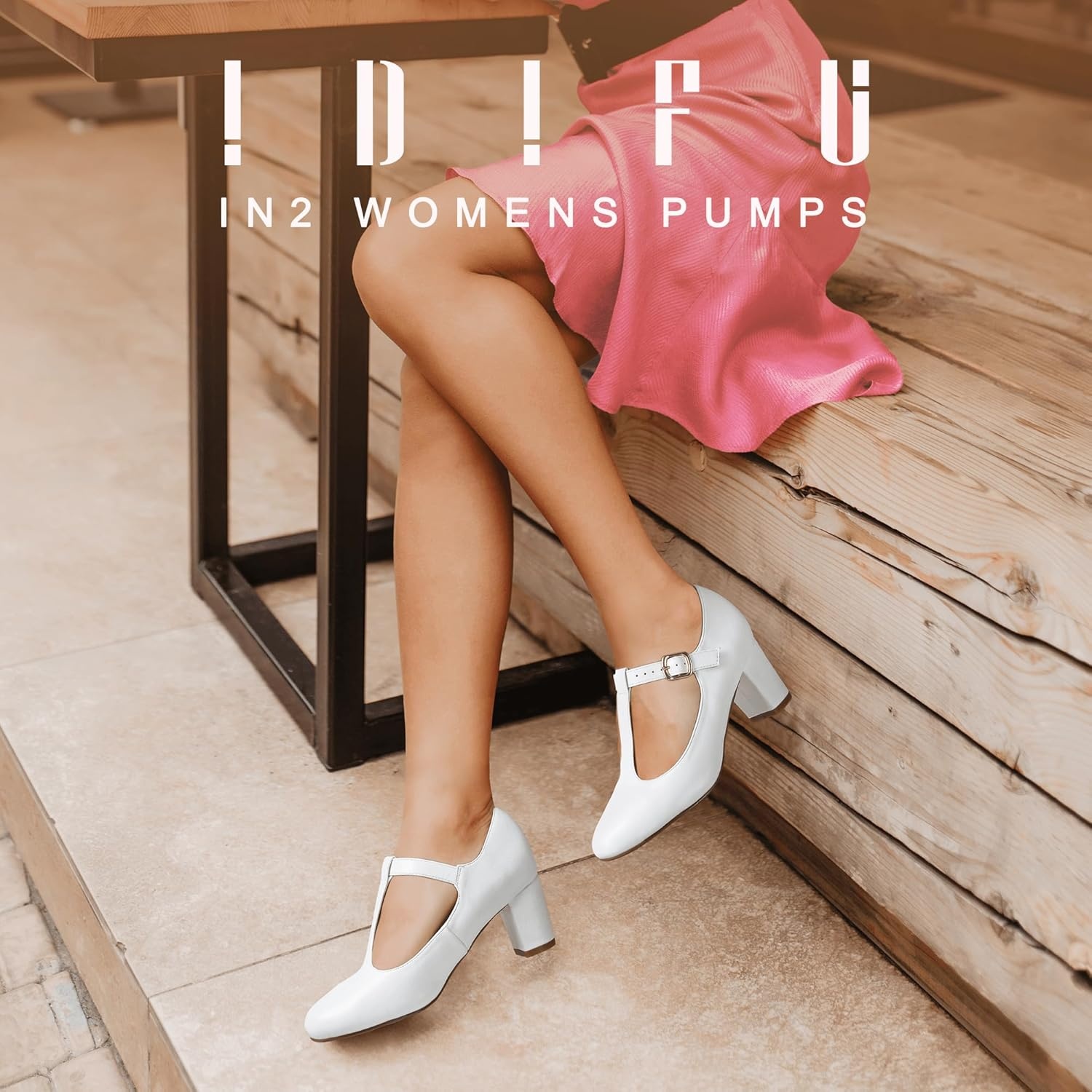 image:imageIDIFU Womens Pumps Dress Shoes for Women Mary Jane Low Chunky Closed Toe TStrap Womens Dress Shoes Wedding Shoes for Bride Black Nude Silver Heels for WomenWhite Pu