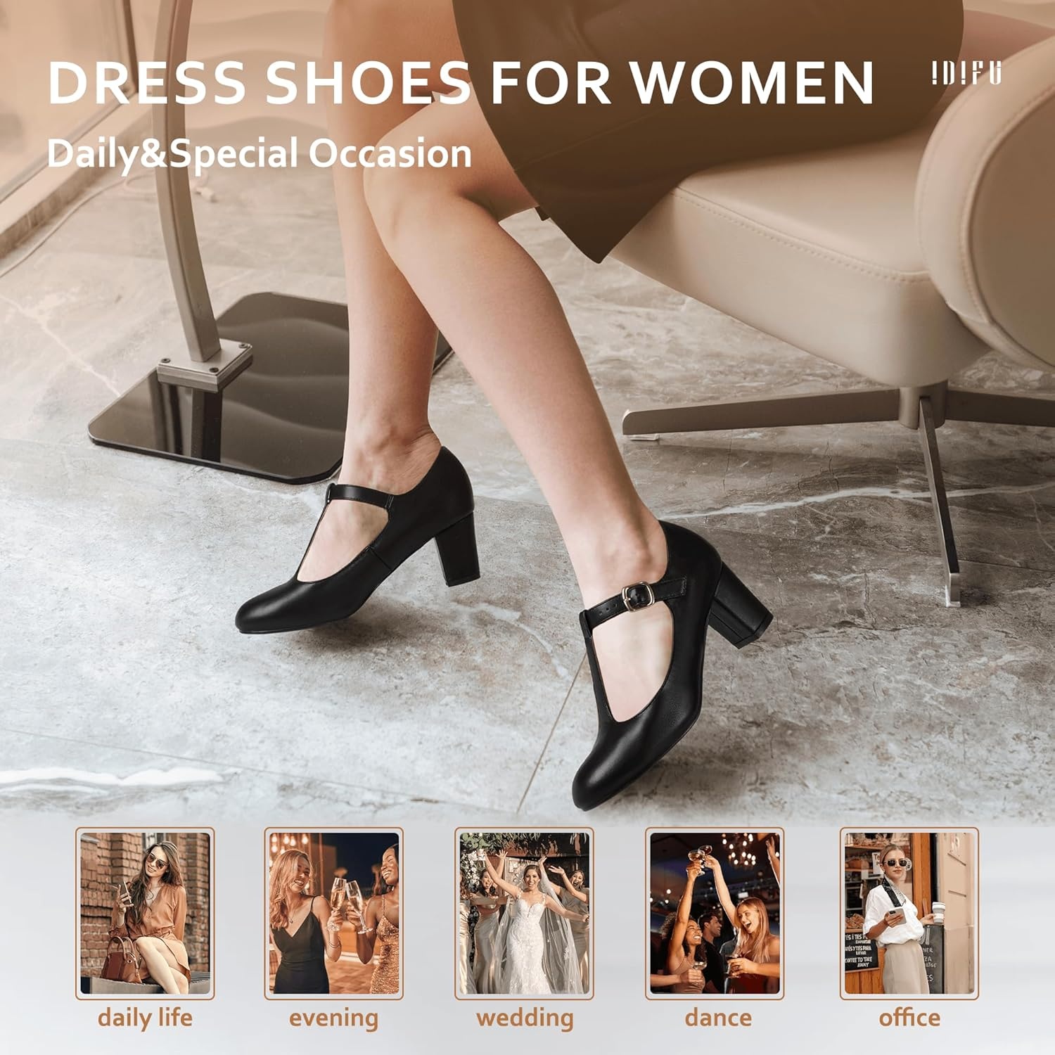 image:imageIDIFU Womens Pumps Dress Shoes for Women Mary Jane Low Chunky Closed Toe TStrap Womens Dress Shoes Wedding Shoes for Bride Black Nude Silver Heels for WomenBlack Pu