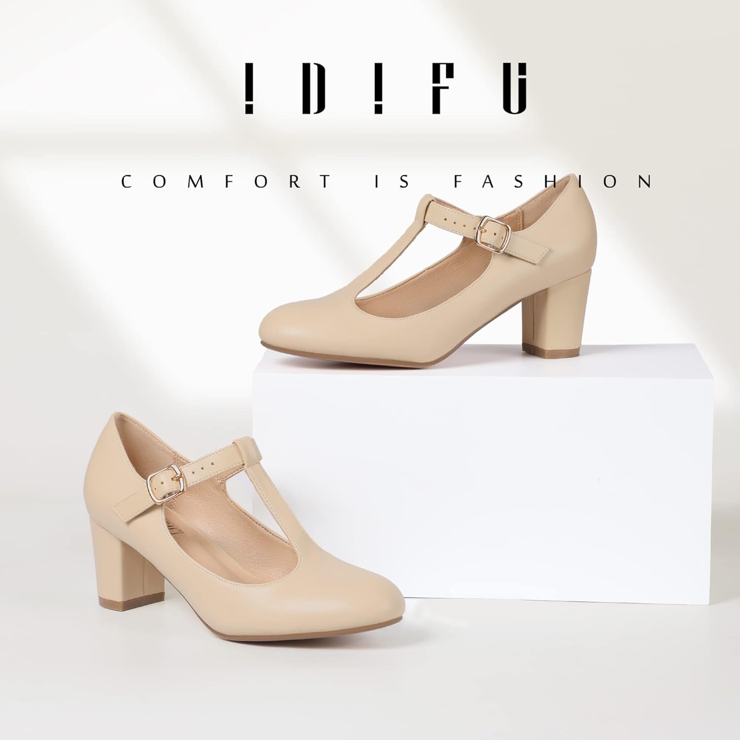 image:imageIDIFU Womens Pumps Dress Shoes for Women Mary Jane Low Chunky Closed Toe TStrap Womens Dress Shoes Wedding Shoes for Bride Black Nude Silver Heels for WomenBeige Pu