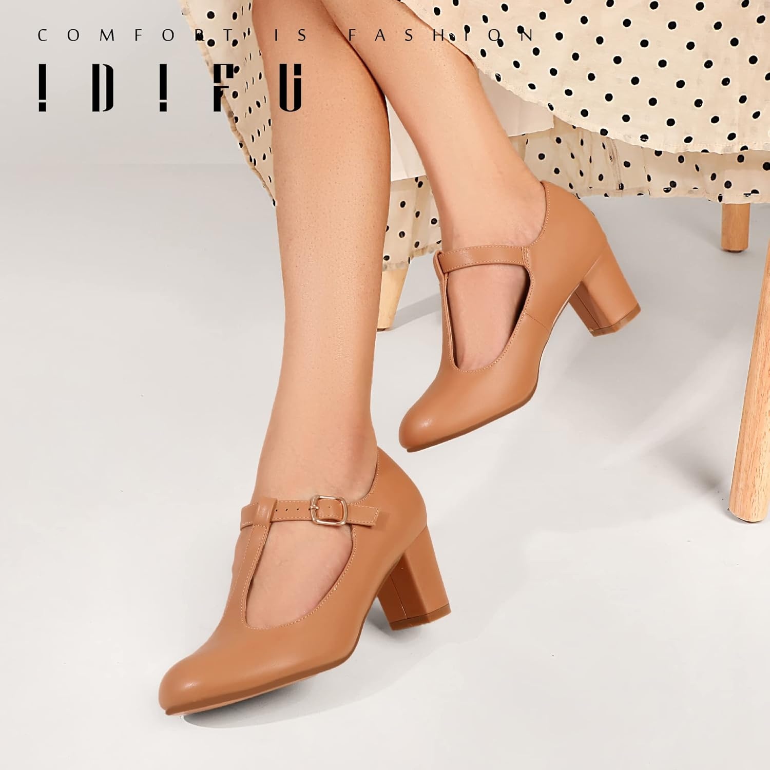 image:imageIDIFU Womens Pumps Dress Shoes for Women Mary Jane Low Chunky Closed Toe TStrap Womens Dress Shoes Wedding Shoes for Bride Black Nude Silver Heels for WomenNude Pu