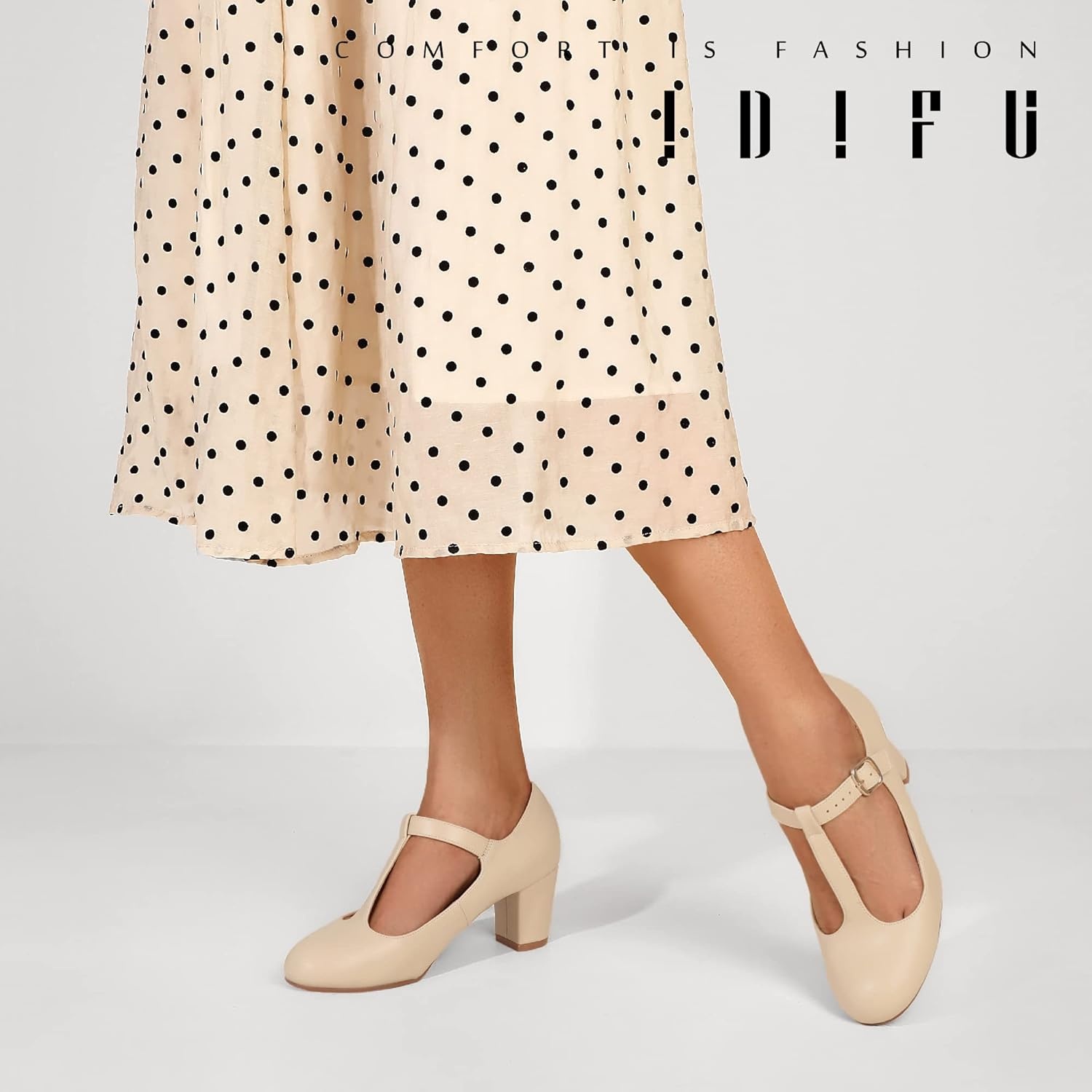 image:imageIDIFU Womens Pumps Dress Shoes for Women Mary Jane Low Chunky Closed Toe TStrap Womens Dress Shoes Wedding Shoes for Bride Black Nude Silver Heels for WomenBeige Pu