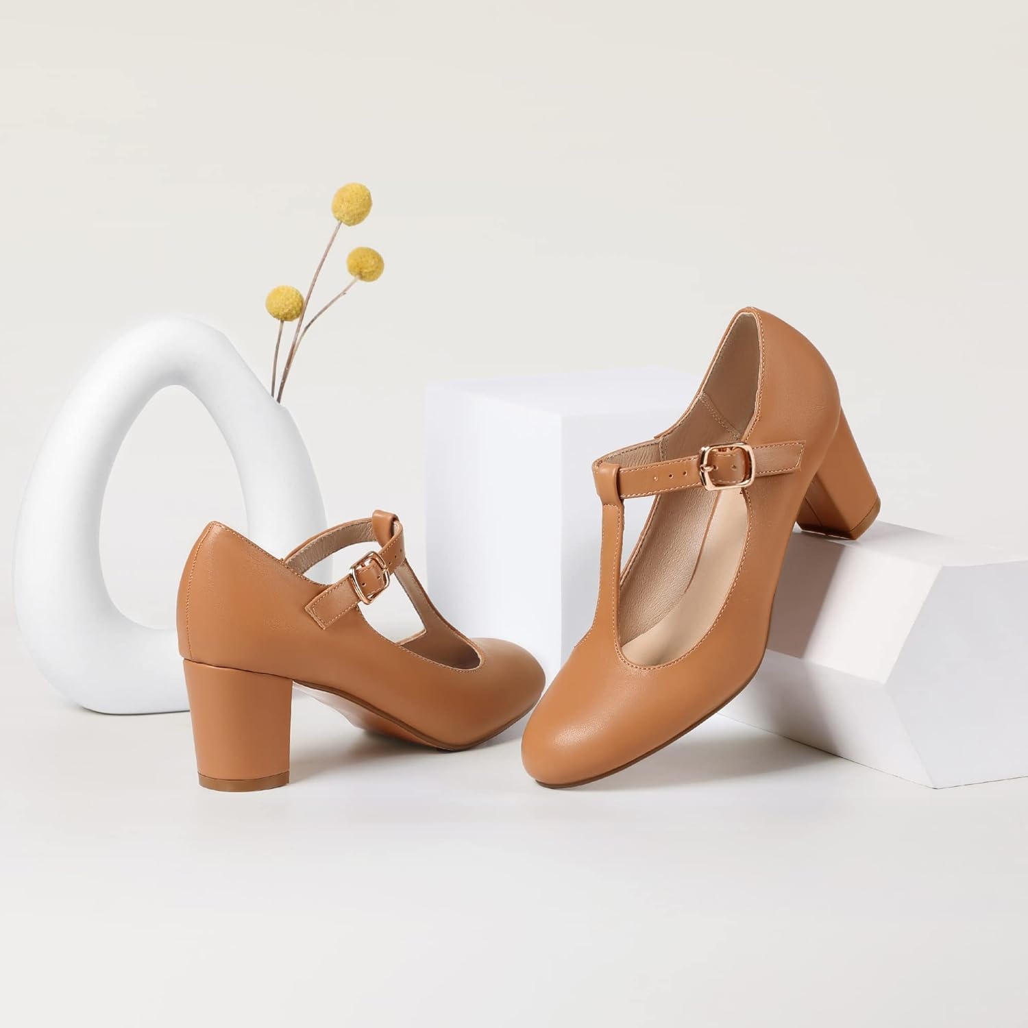 image:imageIDIFU Womens Pumps Dress Shoes for Women Mary Jane Low Chunky Closed Toe TStrap Womens Dress Shoes Wedding Shoes for Bride Black Nude Silver Heels for WomenNude Pu