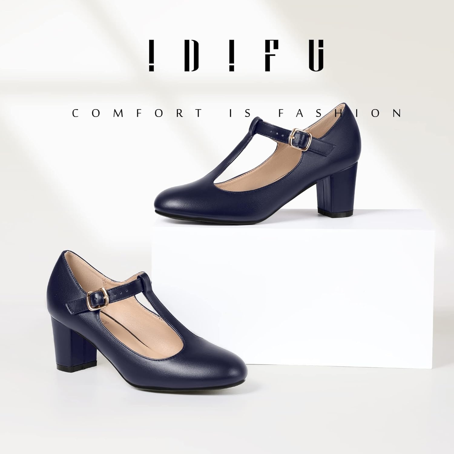 image:imageIDIFU Womens Pumps Dress Shoes for Women Mary Jane Low Chunky Closed Toe TStrap Womens Dress Shoes Wedding Shoes for Bride Black Nude Silver Heels for WomenNavy Pu
