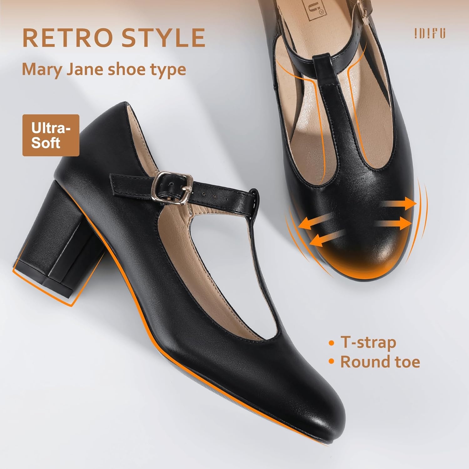 image:imageIDIFU Womens Pumps Dress Shoes for Women Mary Jane Low Chunky Closed Toe TStrap Womens Dress Shoes Wedding Shoes for Bride Black Nude Silver Heels for WomenBlack Pu