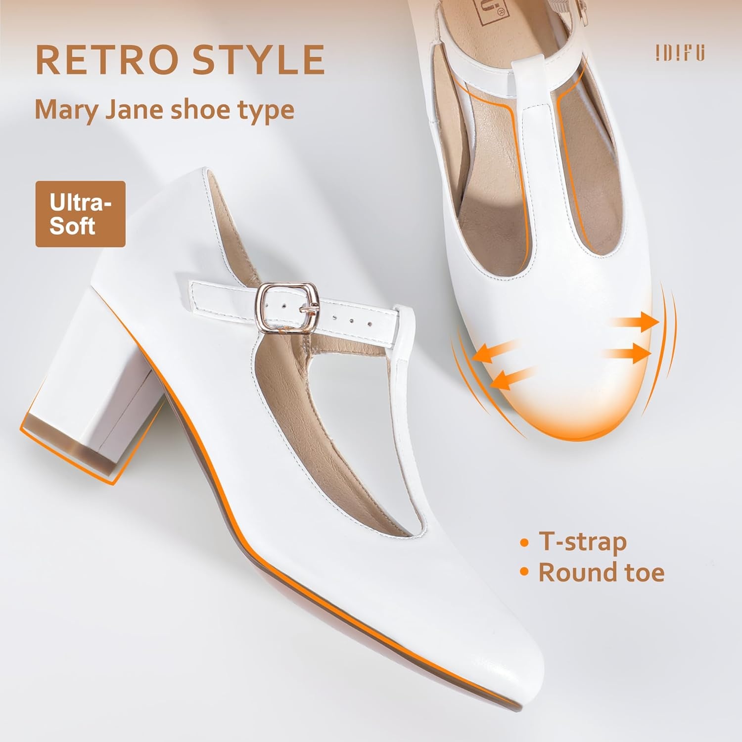 image:imageIDIFU Womens Pumps Dress Shoes for Women Mary Jane Low Chunky Closed Toe TStrap Womens Dress Shoes Wedding Shoes for Bride Black Nude Silver Heels for WomenWhite Pu