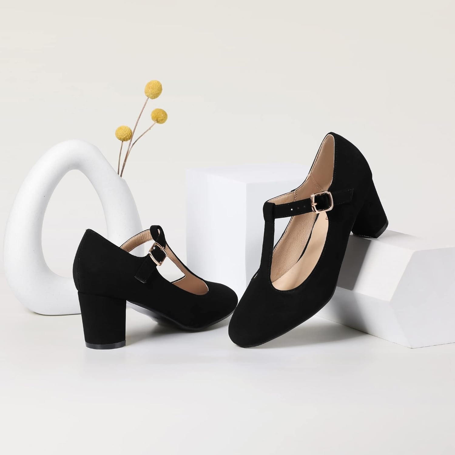 image:imageIDIFU Womens Pumps Dress Shoes for Women Mary Jane Low Chunky Closed Toe TStrap Womens Dress Shoes Wedding Shoes for Bride Black Nude Silver Heels for WomenBlack Nubuck