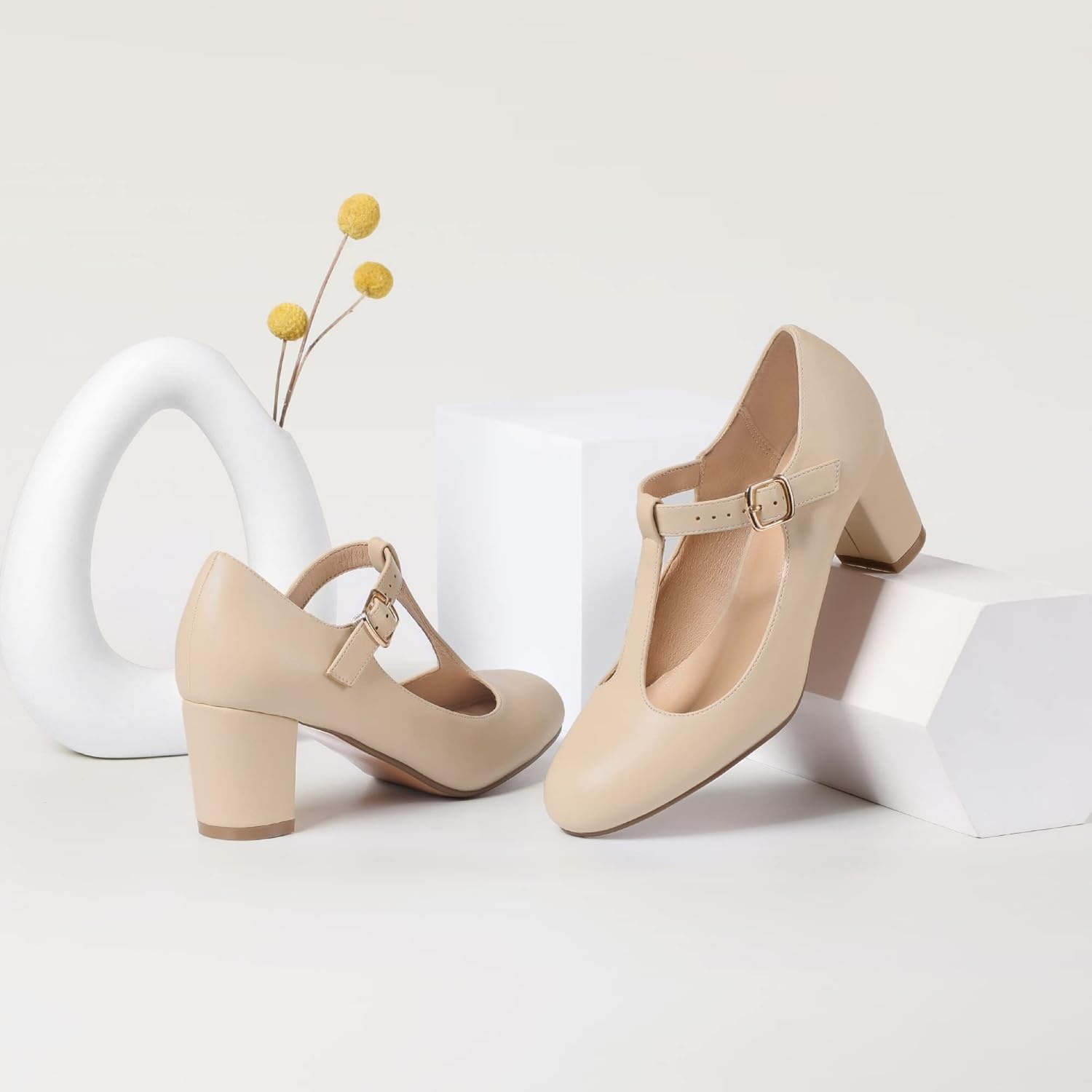 image:imageIDIFU Womens Pumps Dress Shoes for Women Mary Jane Low Chunky Closed Toe TStrap Womens Dress Shoes Wedding Shoes for Bride Black Nude Silver Heels for WomenBeige Pu