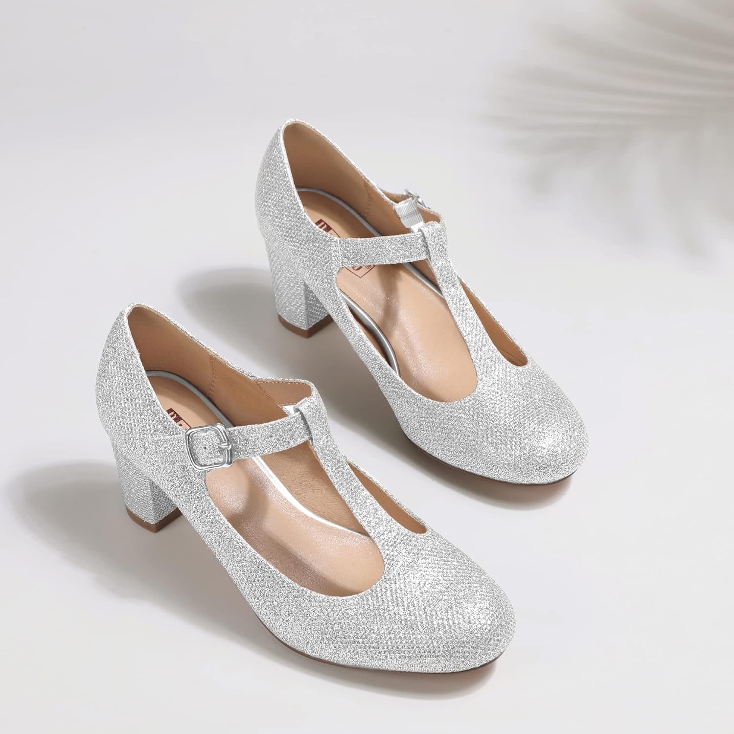 image:imageIDIFU Womens Pumps Dress Shoes for Women Mary Jane Low Chunky Closed Toe TStrap Womens Dress Shoes Wedding Shoes for Bride Black Nude Silver Heels for WomenSilver Glitter