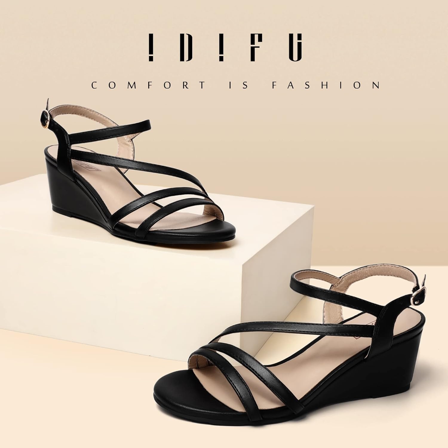 image:imageIDIFU Womens Wedge Heel Sandal Dress Low Strappy 2 Inch Open Toe Wedding Bridal Shoes for Woman Ladies Evening FormalBlack Pu