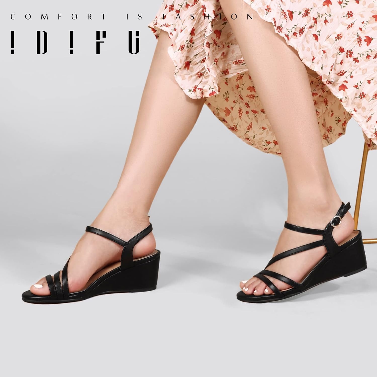 image:imageIDIFU Womens Wedge Heel Sandal Dress Low Strappy 2 Inch Open Toe Wedding Bridal Shoes for Woman Ladies Evening FormalBlack Pu