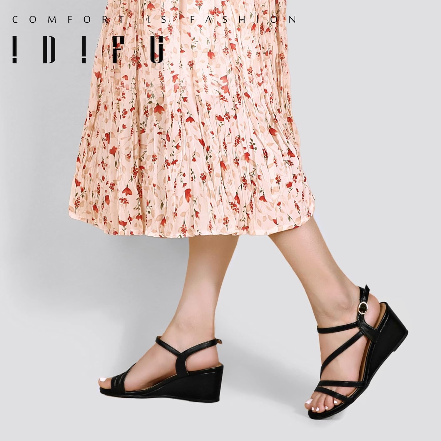 image:imageIDIFU Womens Wedge Heel Sandal Dress Low Strappy 2 Inch Open Toe Wedding Bridal Shoes for Woman Ladies Evening FormalBlack Pu