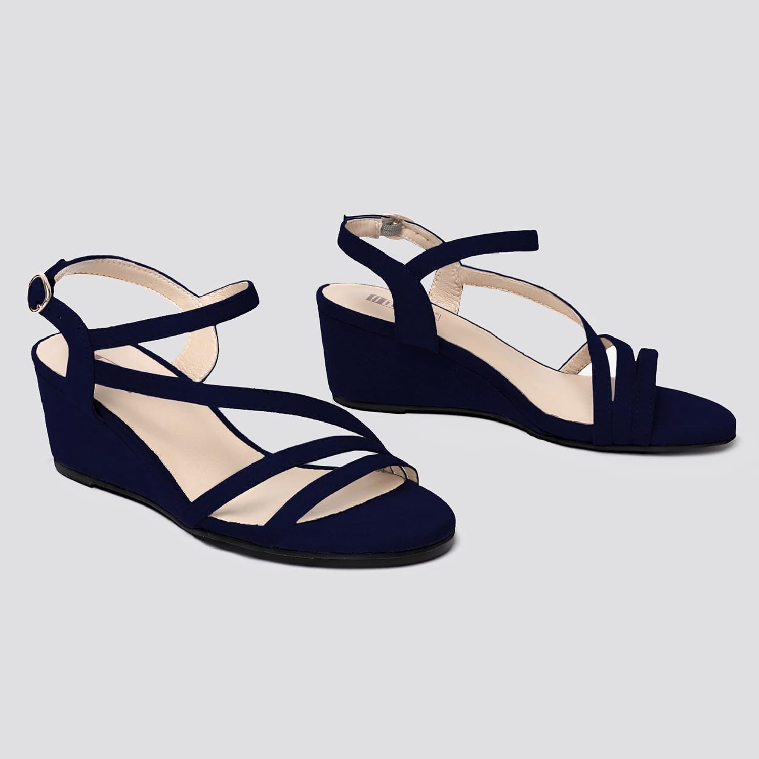 image:imageIDIFU Womens Wedge Heel Sandal Dress Low Strappy 2 Inch Open Toe Wedding Bridal Shoes for Woman Ladies Evening FormalBlue Suede