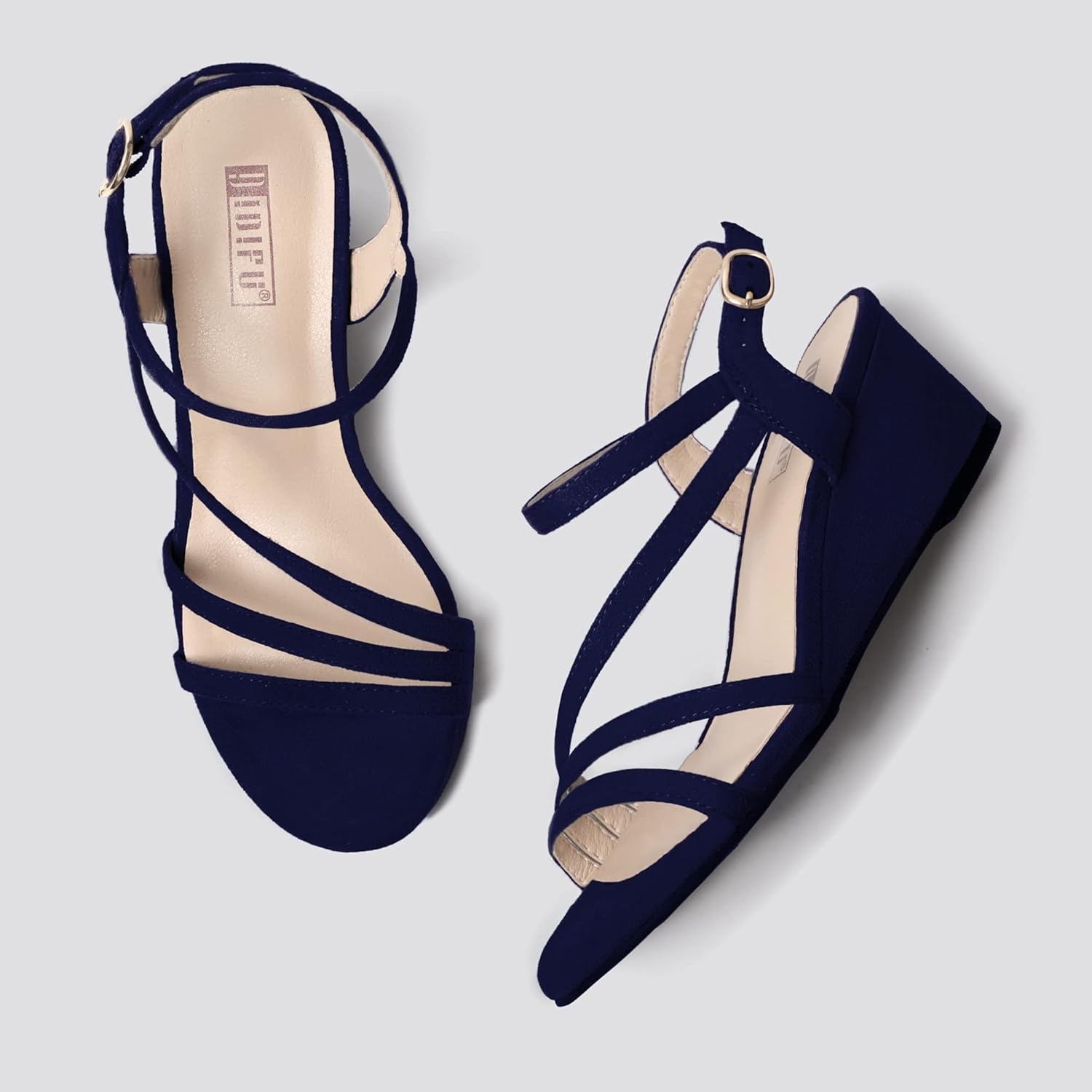 image:imageIDIFU Womens Wedge Heel Sandal Dress Low Strappy 2 Inch Open Toe Wedding Bridal Shoes for Woman Ladies Evening FormalBlue Suede