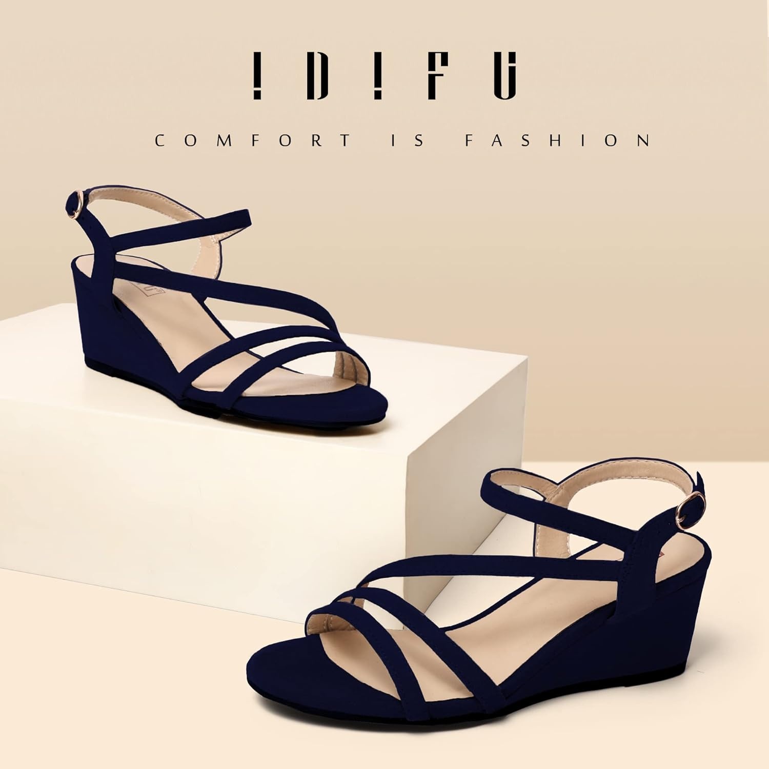 image:imageIDIFU Womens Wedge Heel Sandal Dress Low Strappy 2 Inch Open Toe Wedding Bridal Shoes for Woman Ladies Evening FormalBlue Suede