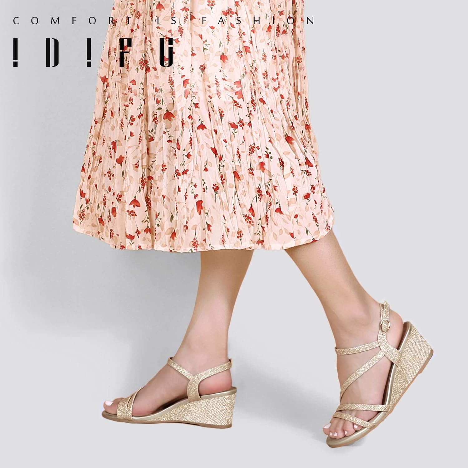 image:imageIDIFU Womens Wedge Heel Sandal Dress Low Strappy 2 Inch Open Toe Wedding Bridal Shoes for Woman Ladies Evening FormalGold Glitter