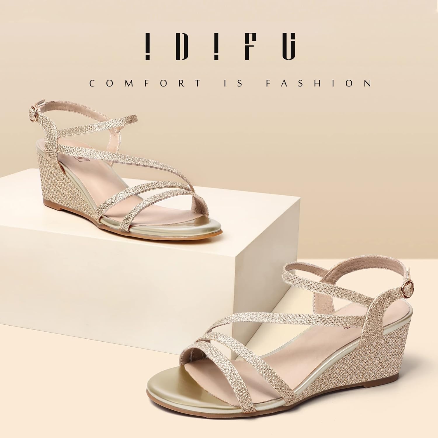 image:imageIDIFU Womens Wedge Heel Sandal Dress Low Strappy 2 Inch Open Toe Wedding Bridal Shoes for Woman Ladies Evening FormalGold Glitter