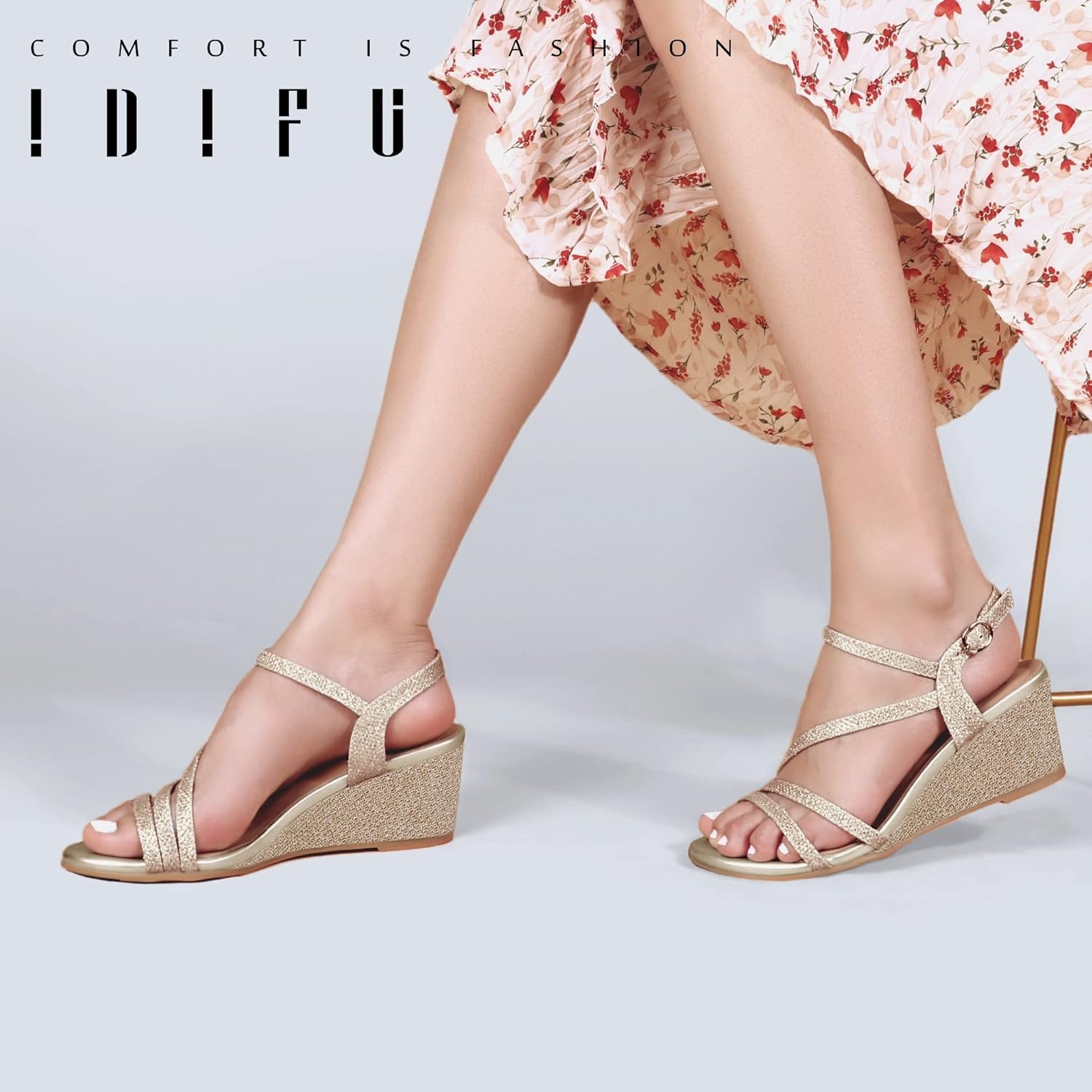 image:imageIDIFU Womens Wedge Heel Sandal Dress Low Strappy 2 Inch Open Toe Wedding Bridal Shoes for Woman Ladies Evening FormalGold Glitter