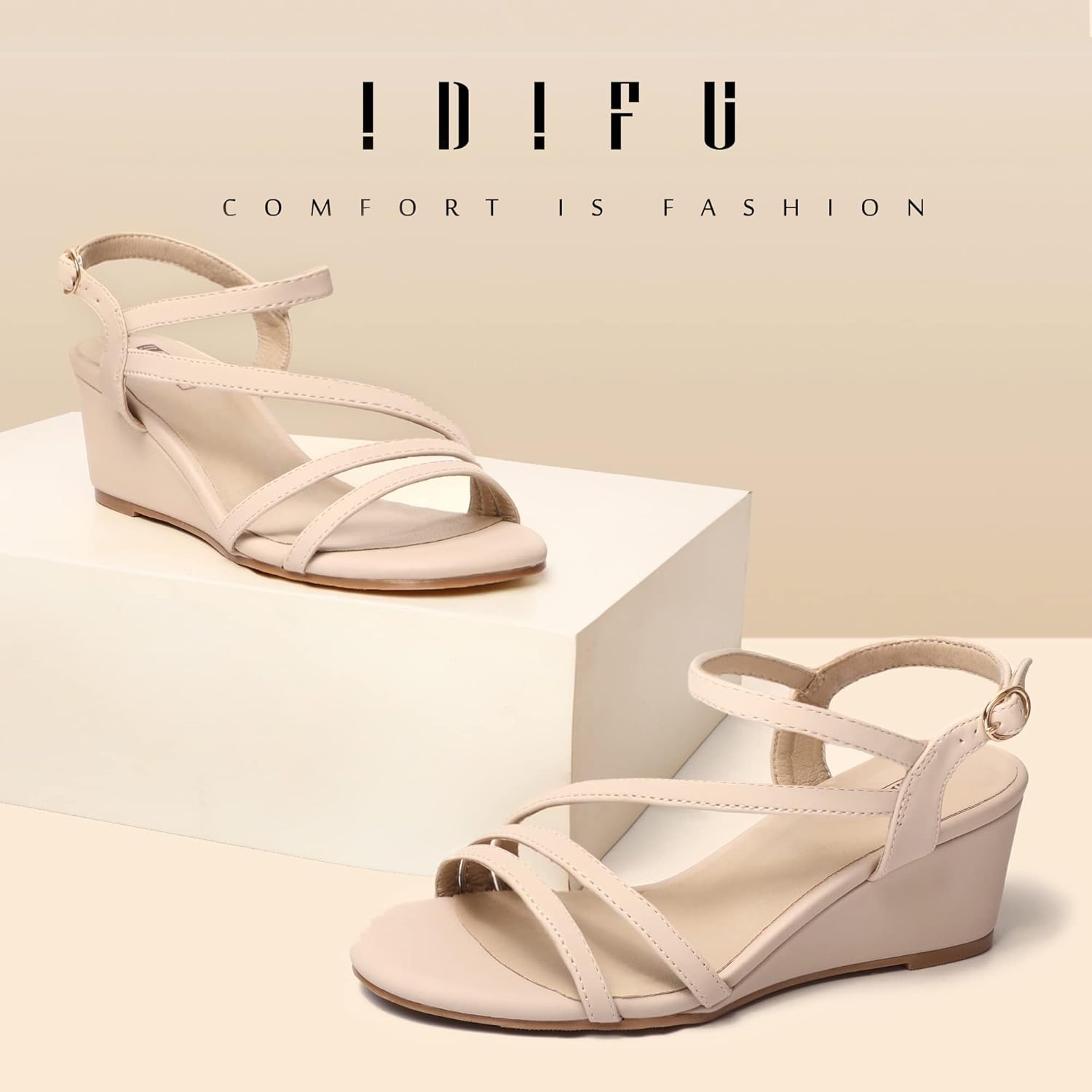 image:imageIDIFU Womens Wedge Heel Sandal Dress Low Strappy 2 Inch Open Toe Wedding Bridal Shoes for Woman Ladies Evening FormalNude Nubuck