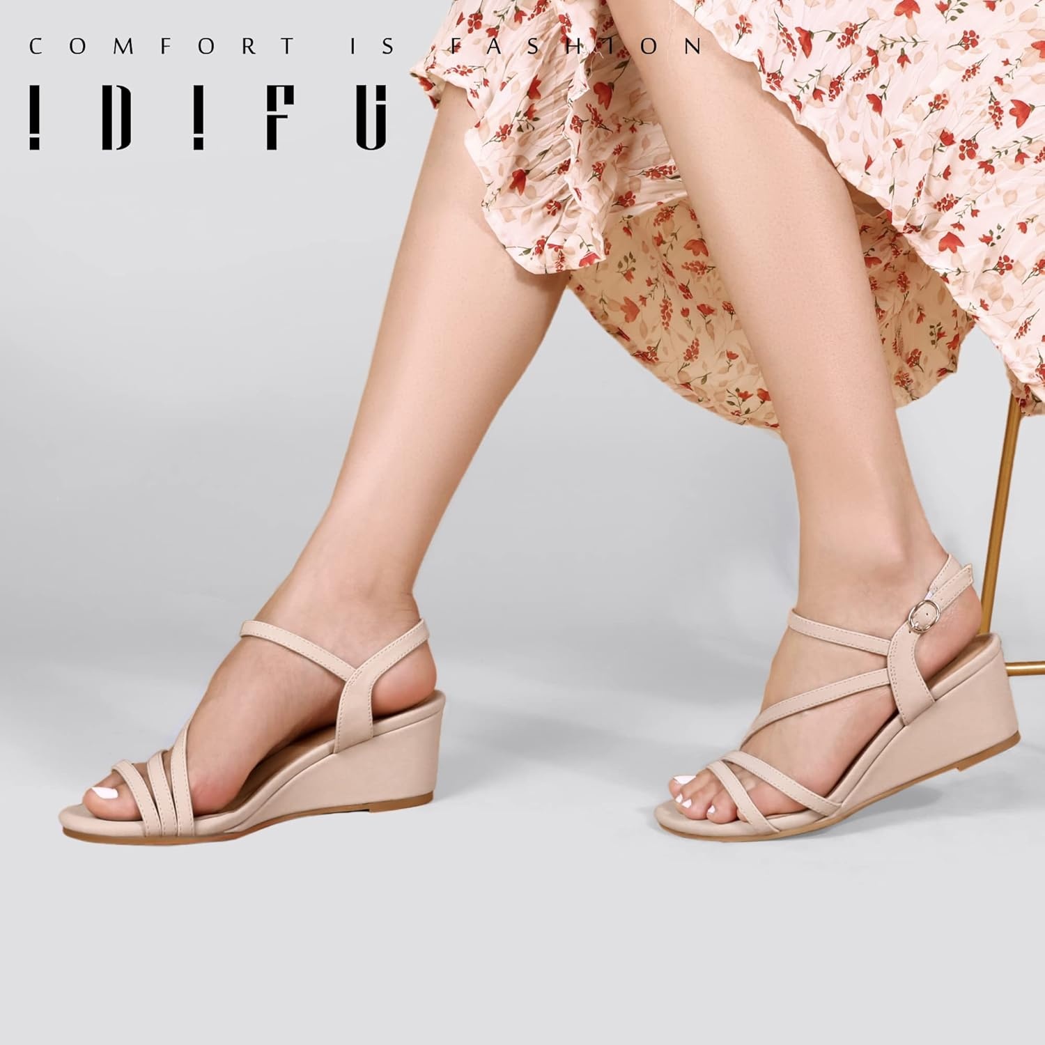 image:imageIDIFU Womens Wedge Heel Sandal Dress Low Strappy 2 Inch Open Toe Wedding Bridal Shoes for Woman Ladies Evening FormalNude Nubuck