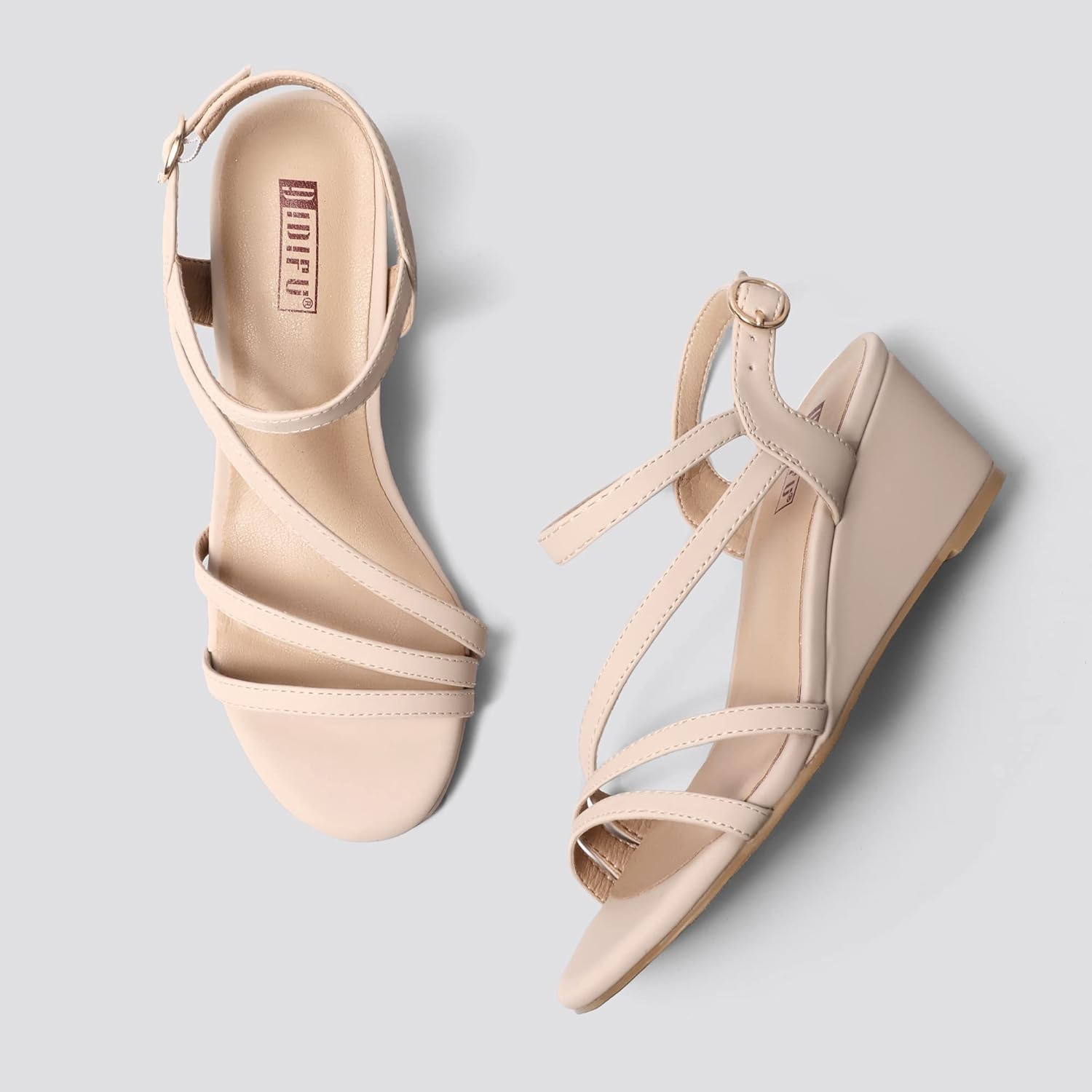 image:imageIDIFU Womens Wedge Heel Sandal Dress Low Strappy 2 Inch Open Toe Wedding Bridal Shoes for Woman Ladies Evening FormalNude Nubuck