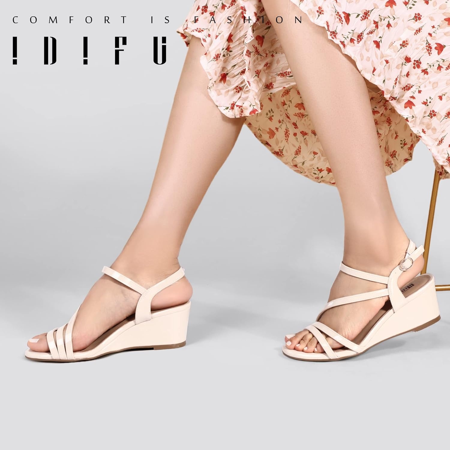 image:imageIDIFU Womens Wedge Heel Sandal Dress Low Strappy 2 Inch Open Toe Wedding Bridal Shoes for Woman Ladies Evening FormalNude Patent