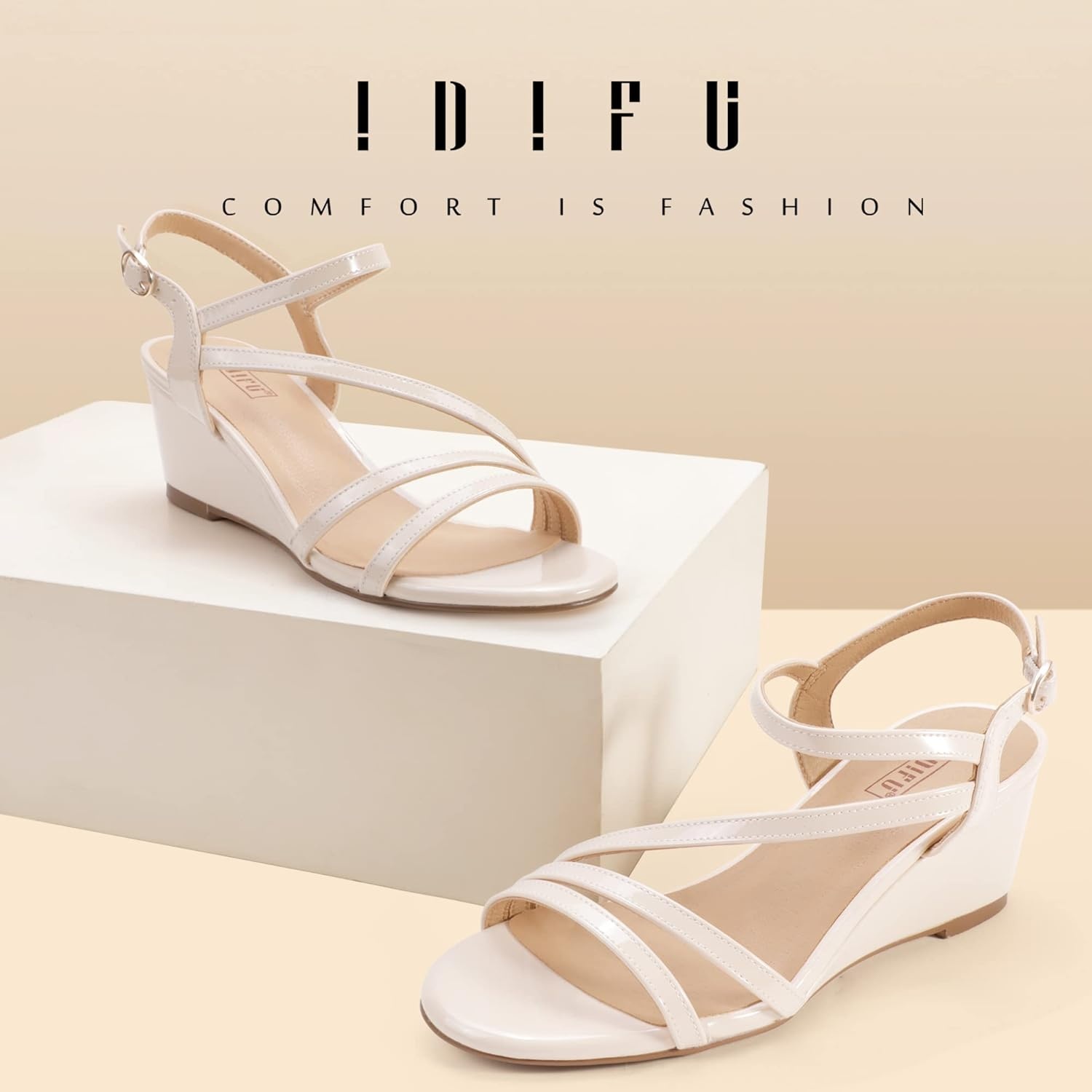 image:imageIDIFU Womens Wedge Heel Sandal Dress Low Strappy 2 Inch Open Toe Wedding Bridal Shoes for Woman Ladies Evening FormalNude Patent