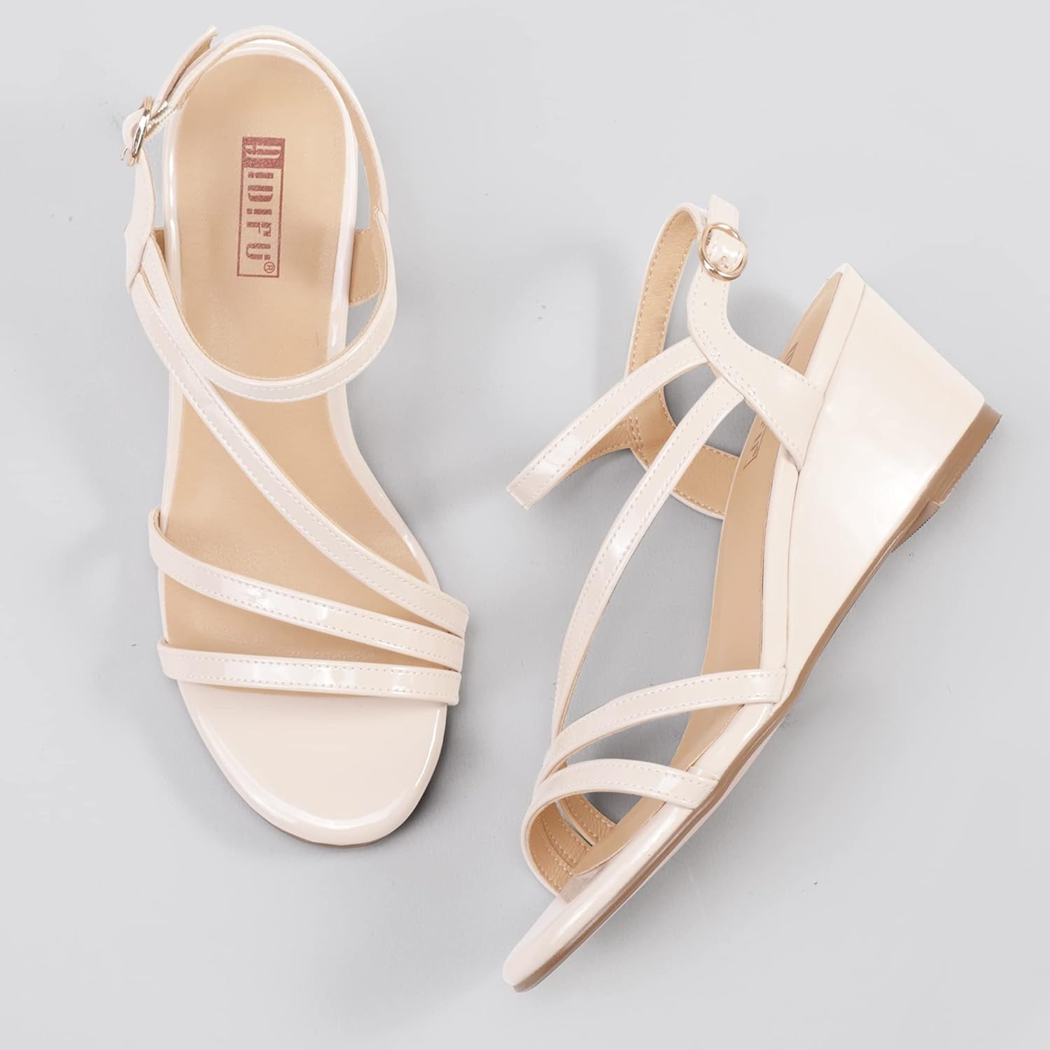 image:imageIDIFU Womens Wedge Heel Sandal Dress Low Strappy 2 Inch Open Toe Wedding Bridal Shoes for Woman Ladies Evening FormalNude Patent