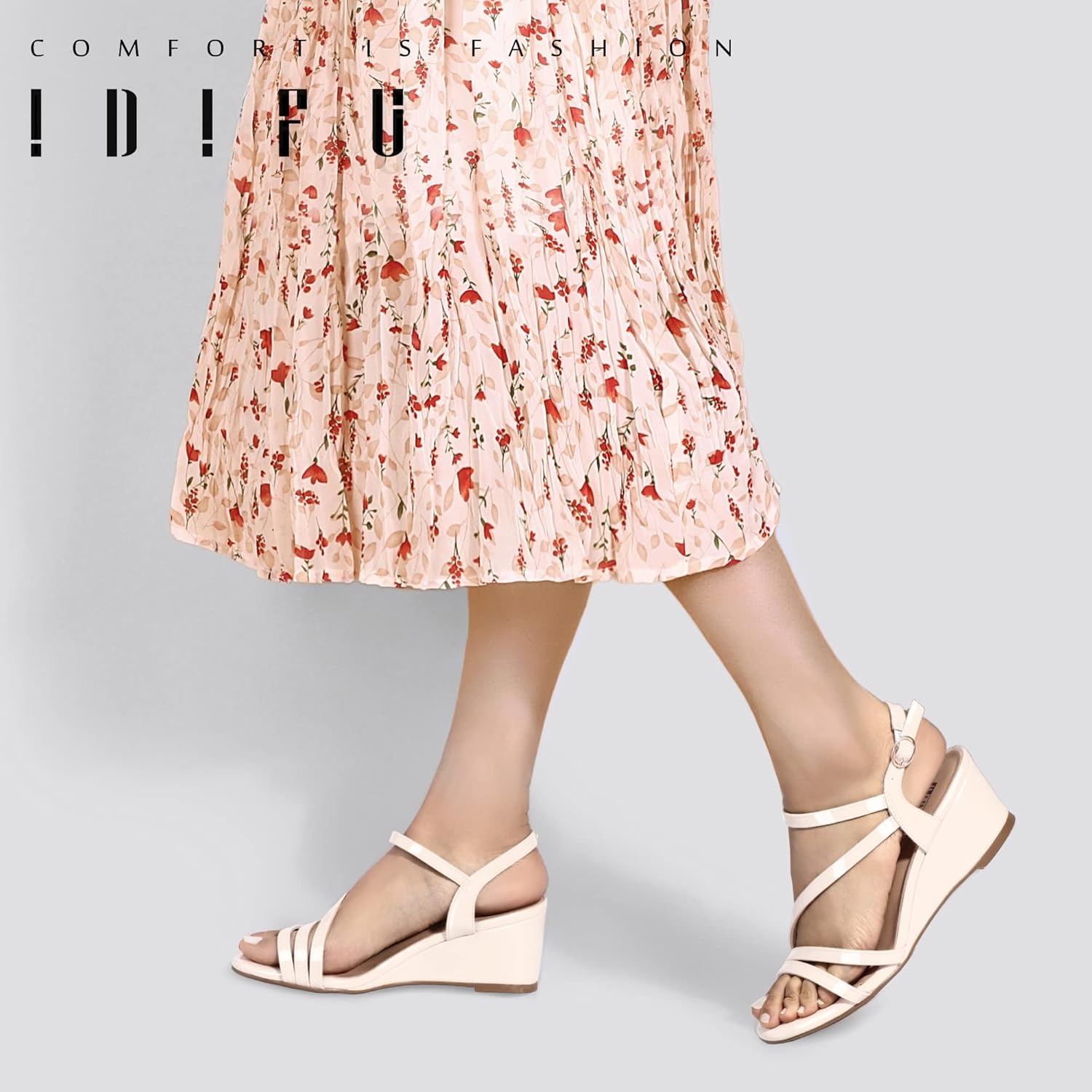 image:imageIDIFU Womens Wedge Heel Sandal Dress Low Strappy 2 Inch Open Toe Wedding Bridal Shoes for Woman Ladies Evening FormalNude Patent