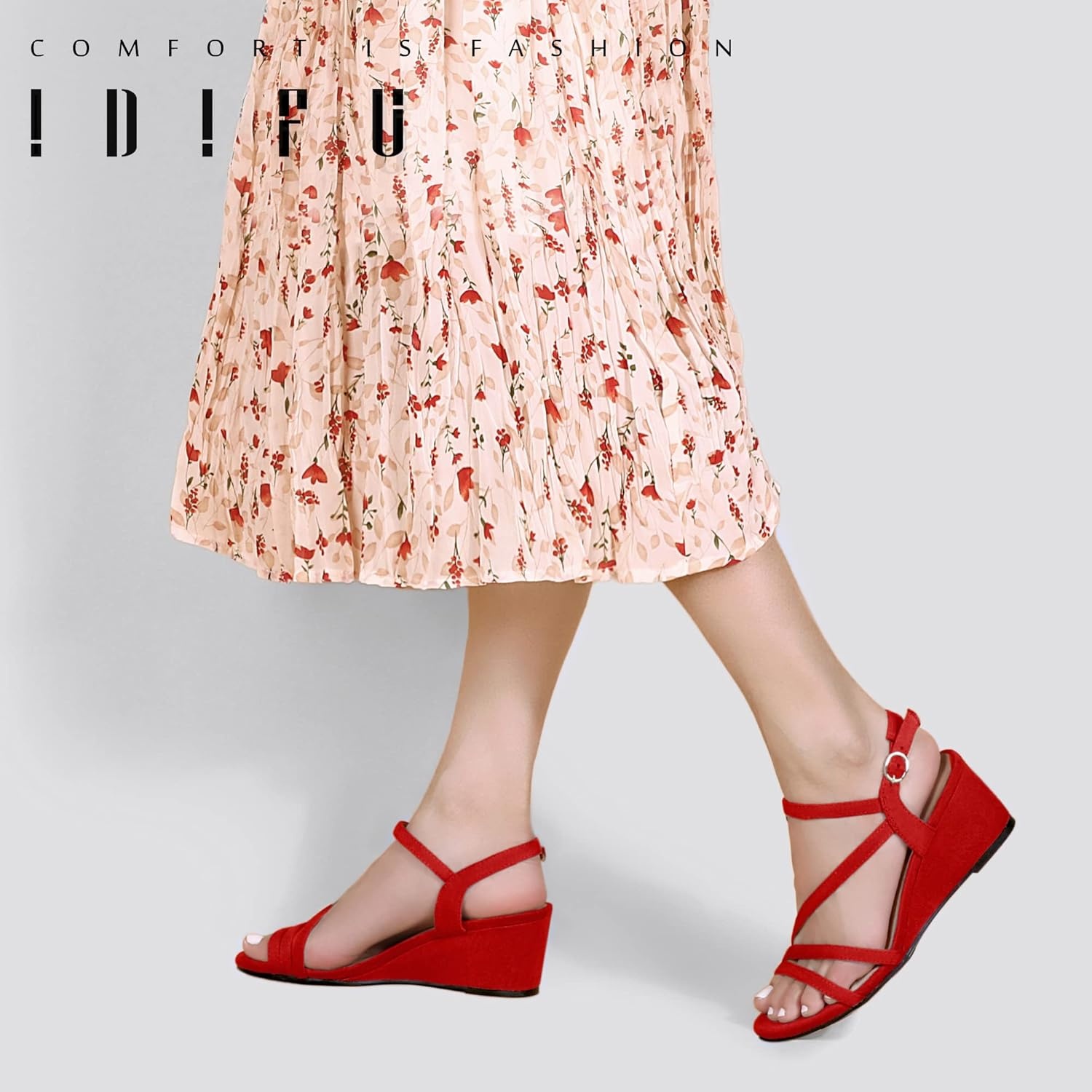 image:imageIDIFU Womens Wedge Heel Sandal Dress Low Strappy 2 Inch Open Toe Wedding Bridal Shoes for Woman Ladies Evening FormalRed Suede