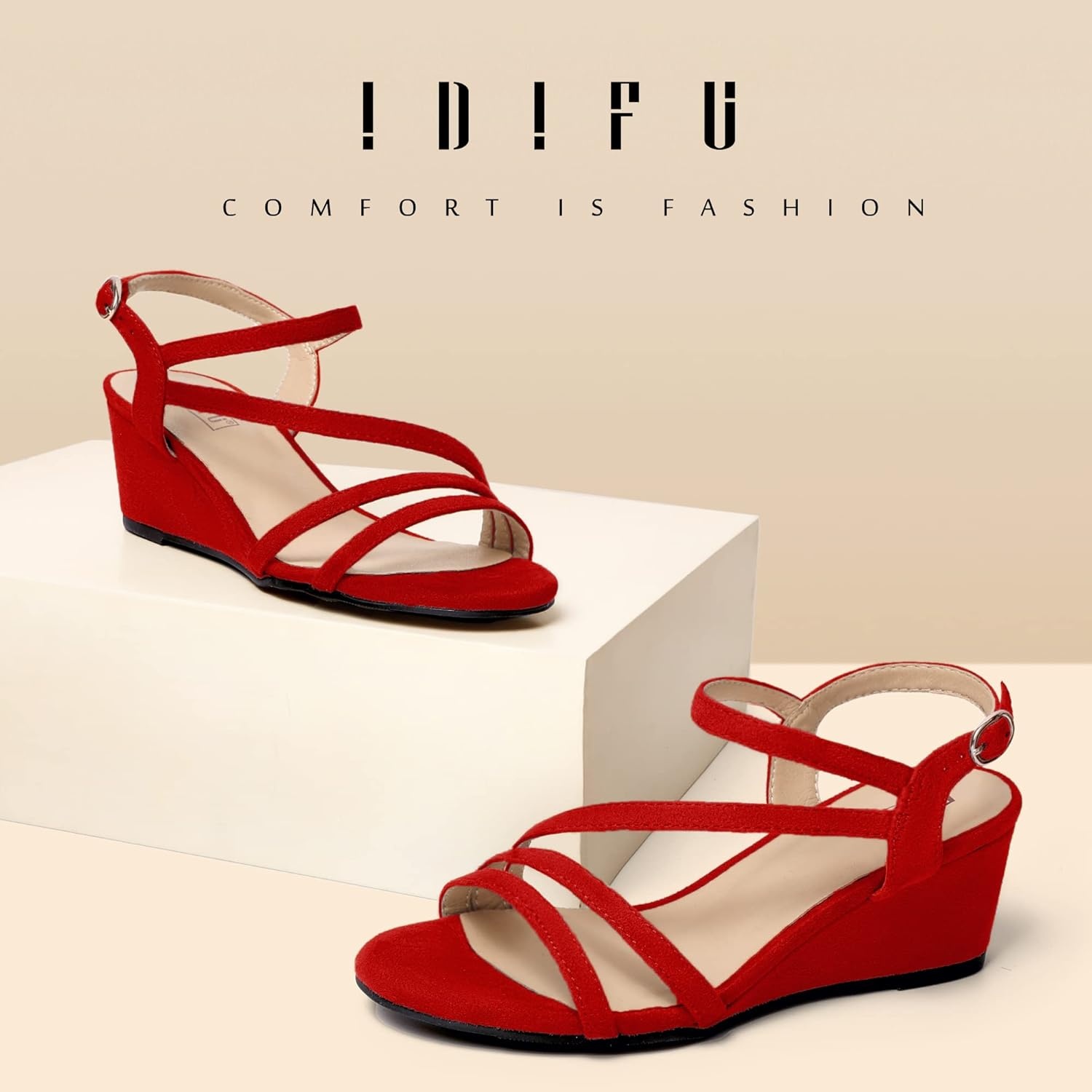 image:imageIDIFU Womens Wedge Heel Sandal Dress Low Strappy 2 Inch Open Toe Wedding Bridal Shoes for Woman Ladies Evening FormalRed Suede