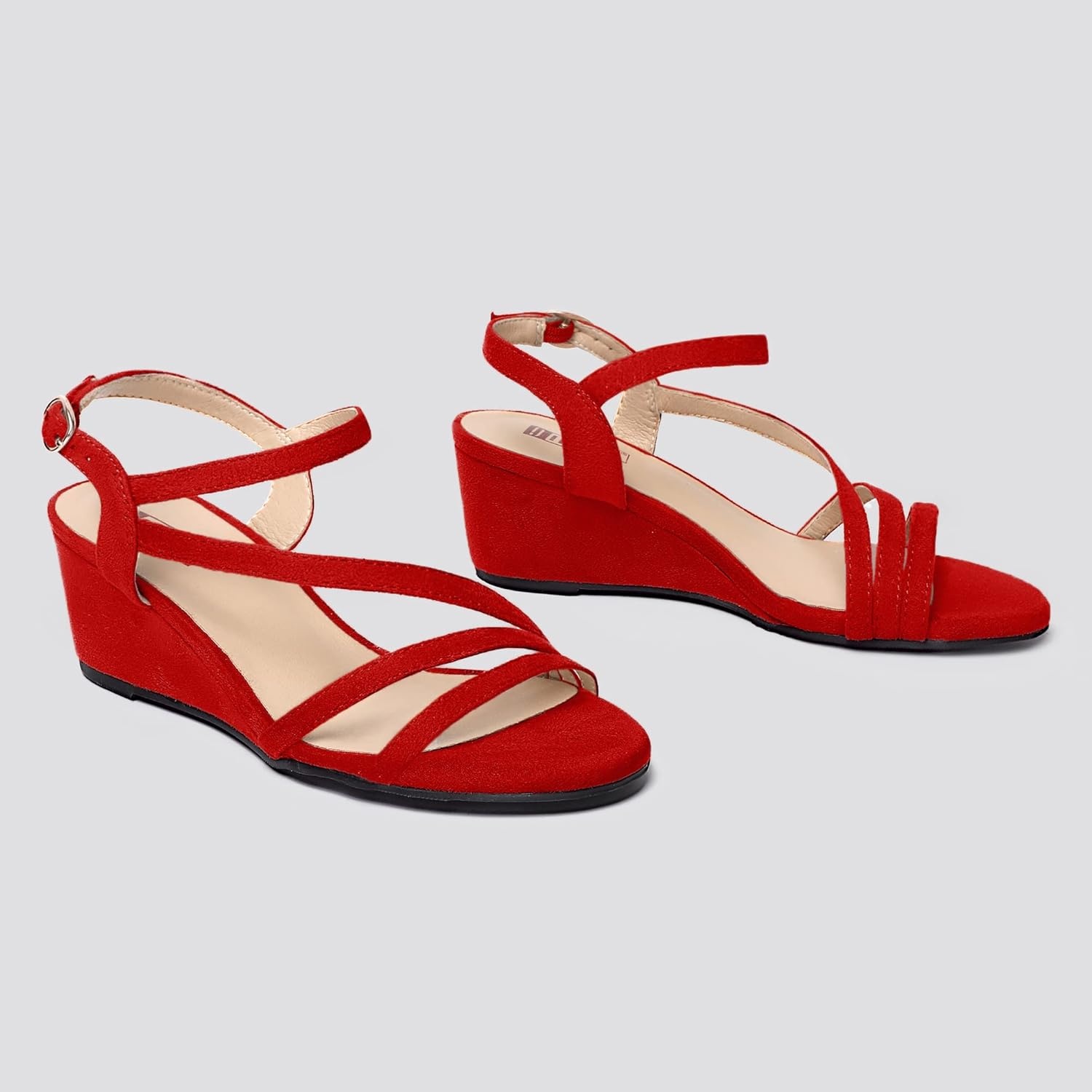 image:imageIDIFU Womens Wedge Heel Sandal Dress Low Strappy 2 Inch Open Toe Wedding Bridal Shoes for Woman Ladies Evening FormalRed Suede