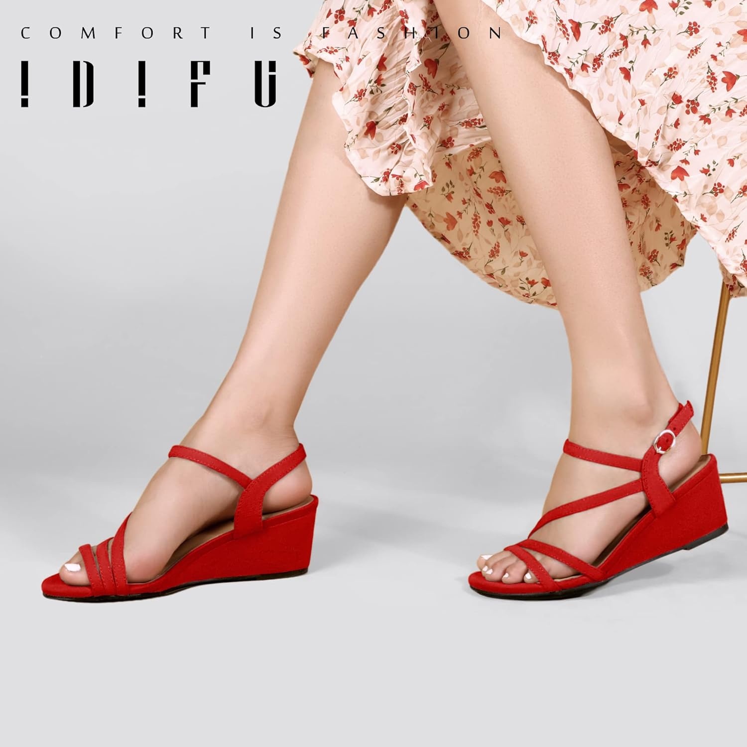 image:imageIDIFU Womens Wedge Heel Sandal Dress Low Strappy 2 Inch Open Toe Wedding Bridal Shoes for Woman Ladies Evening FormalRed Suede
