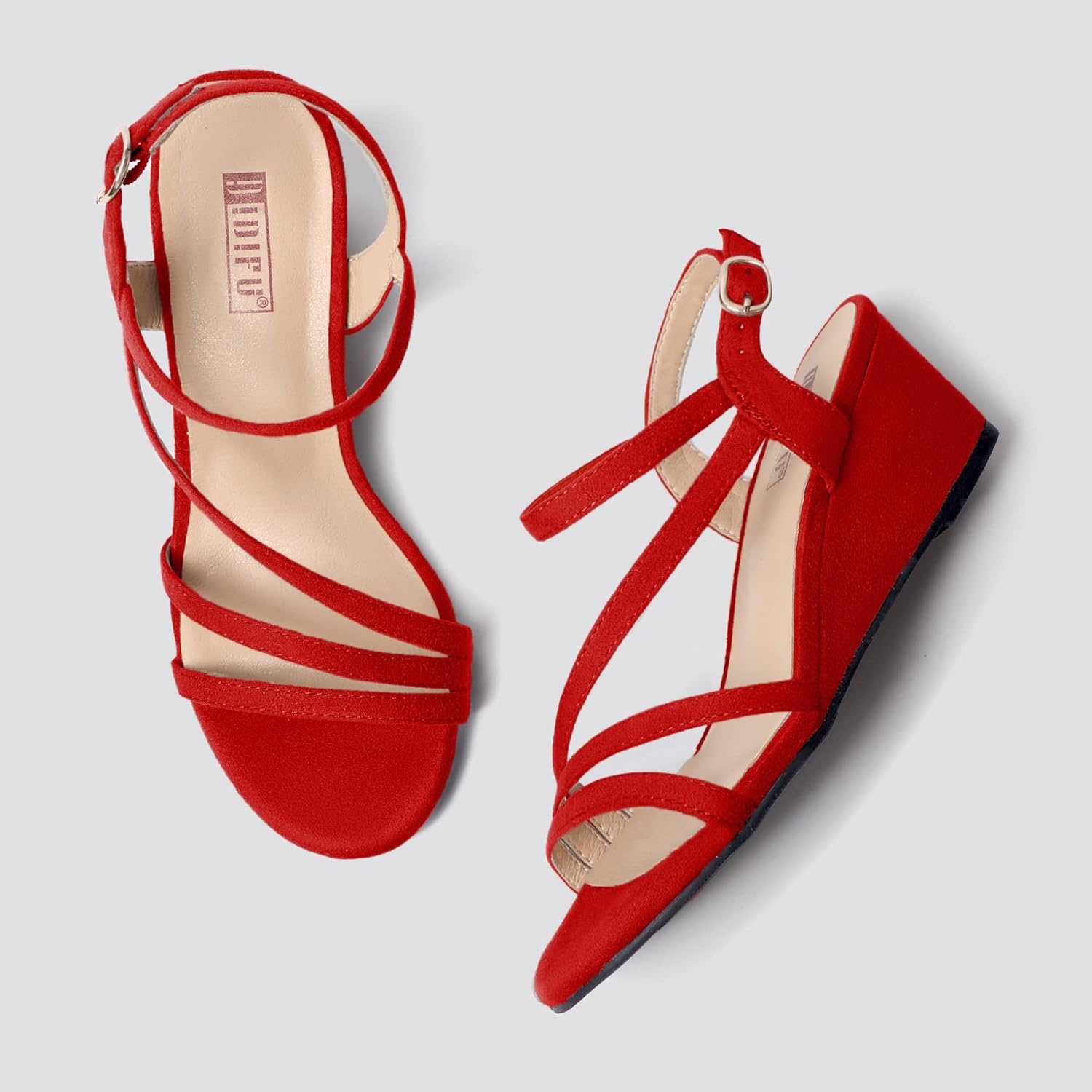 image:imageIDIFU Womens Wedge Heel Sandal Dress Low Strappy 2 Inch Open Toe Wedding Bridal Shoes for Woman Ladies Evening FormalRed Suede