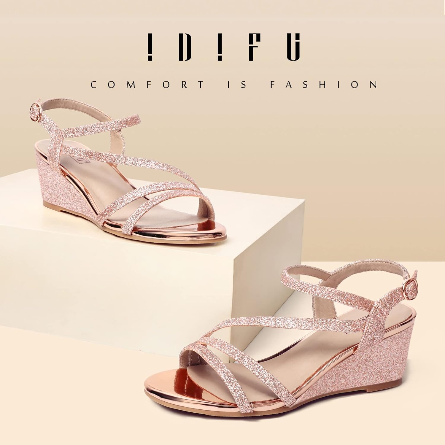 image:imageIDIFU Womens Wedge Heel Sandal Dress Low Strappy 2 Inch Open Toe Wedding Bridal Shoes for Woman Ladies Evening FormalRose Gold Shiny