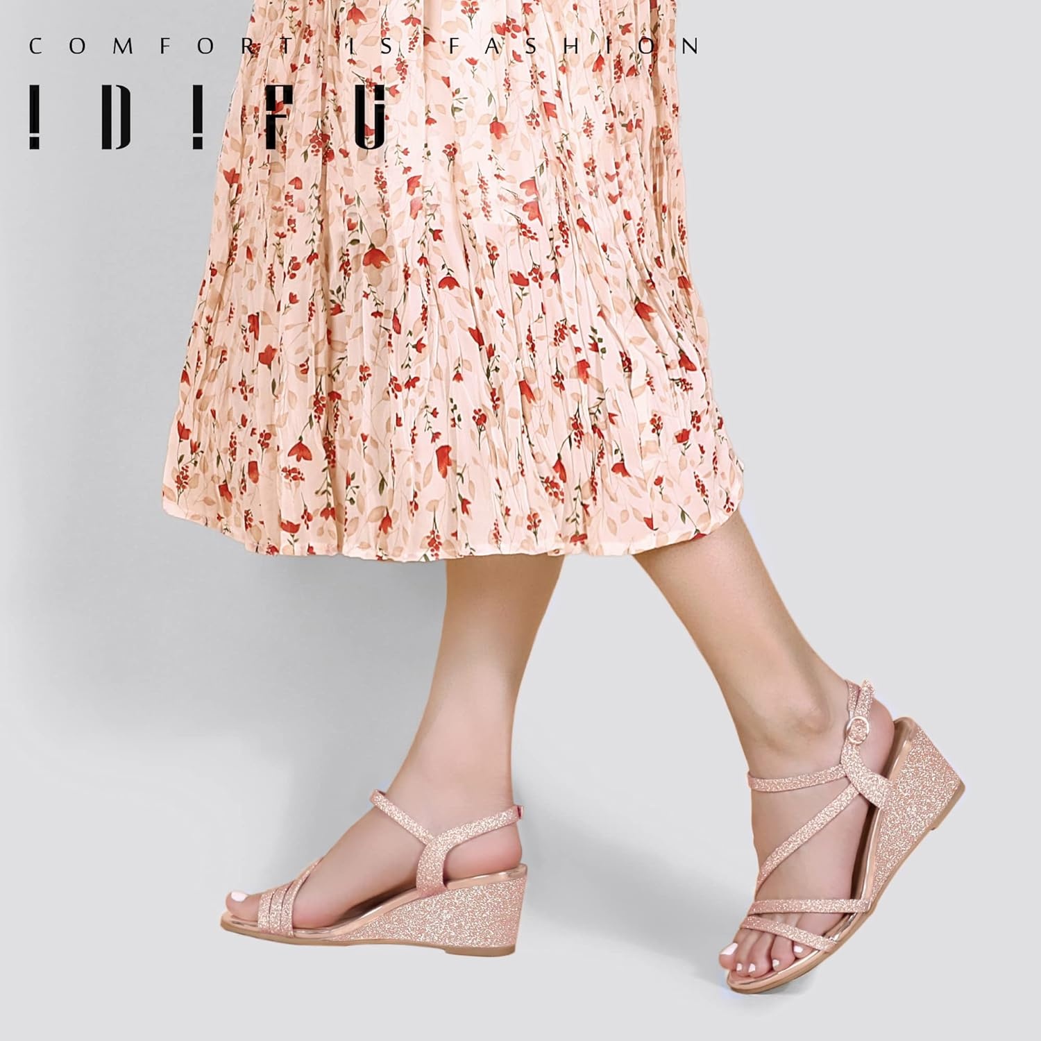 image:imageIDIFU Womens Wedge Heel Sandal Dress Low Strappy 2 Inch Open Toe Wedding Bridal Shoes for Woman Ladies Evening FormalRose Gold Shiny