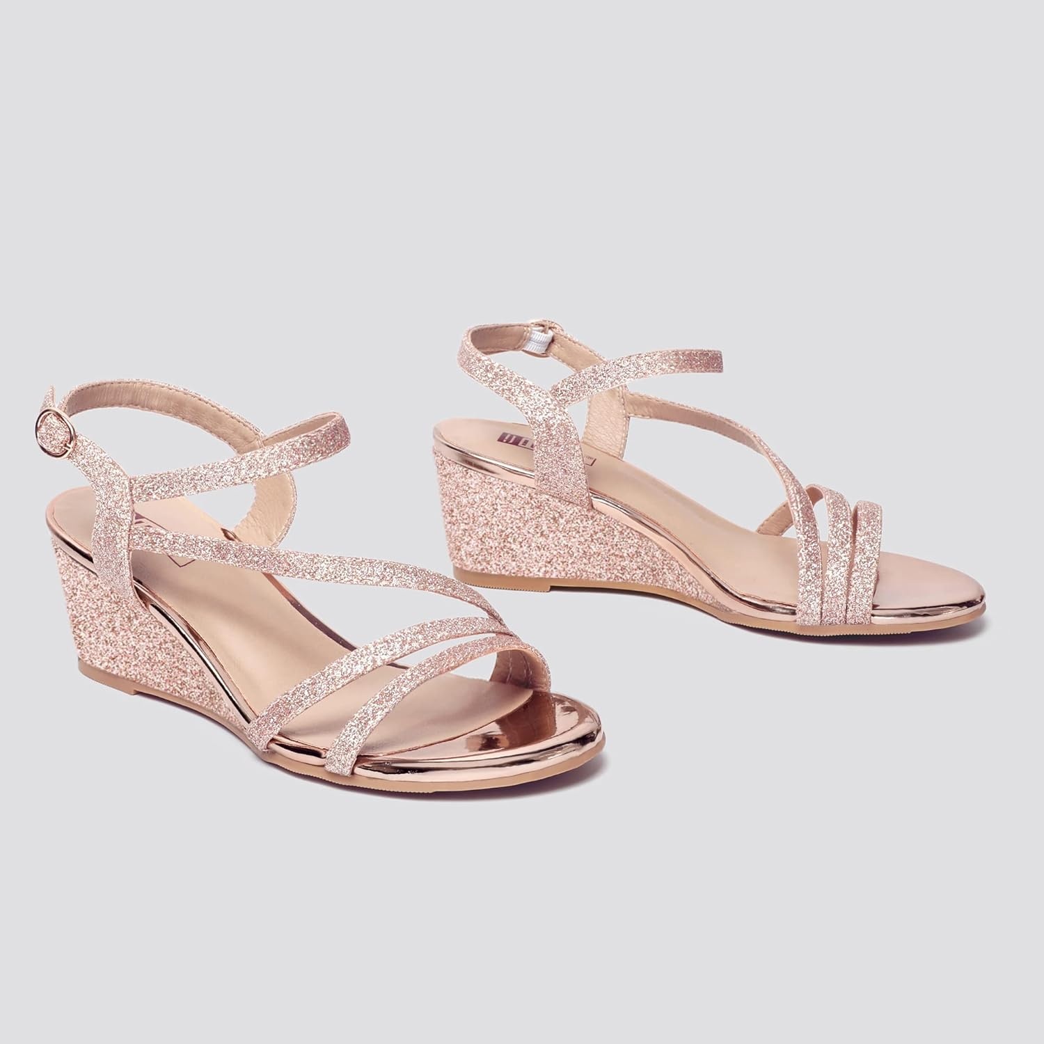 image:imageIDIFU Womens Wedge Heel Sandal Dress Low Strappy 2 Inch Open Toe Wedding Bridal Shoes for Woman Ladies Evening FormalRose Gold Shiny