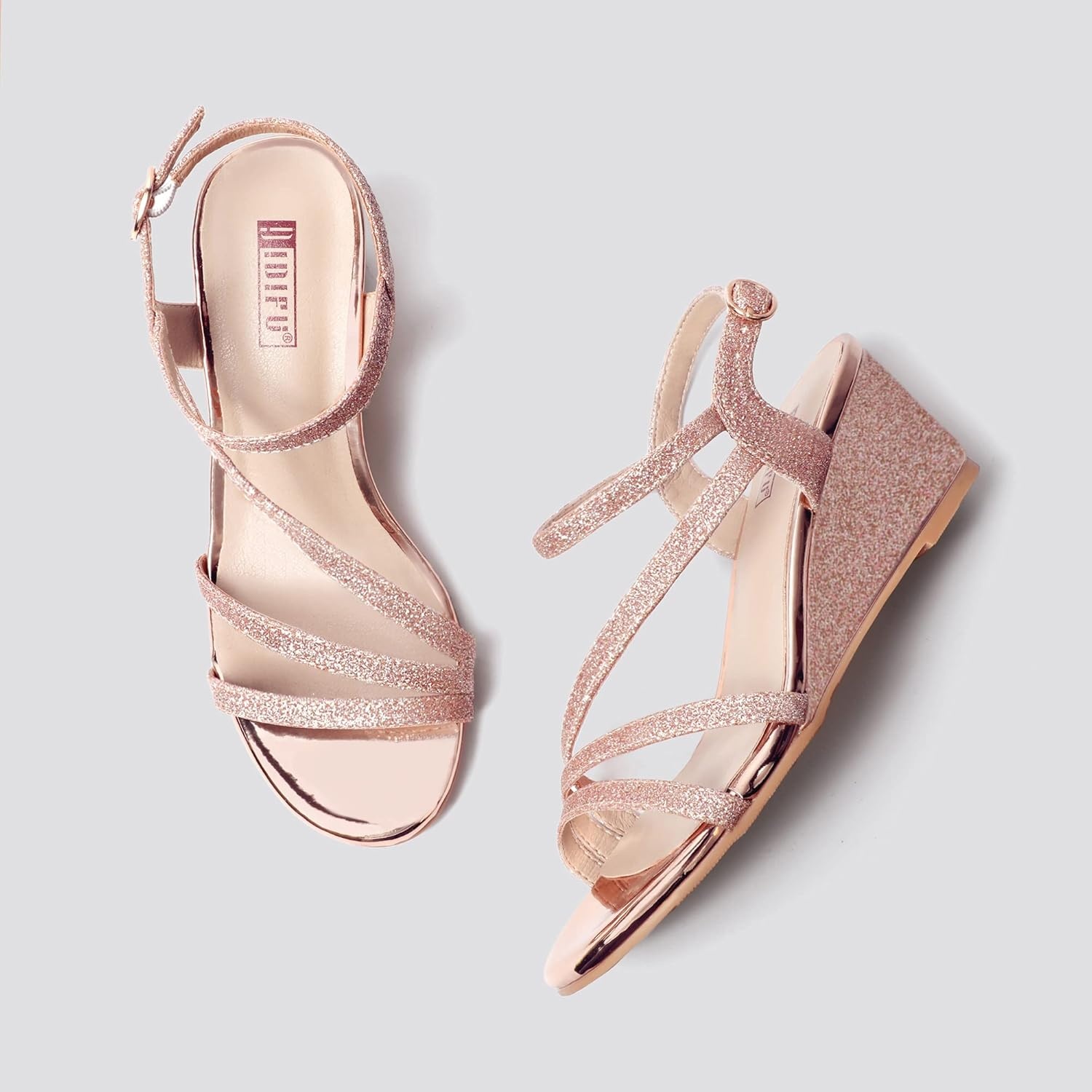 image:imageIDIFU Womens Wedge Heel Sandal Dress Low Strappy 2 Inch Open Toe Wedding Bridal Shoes for Woman Ladies Evening FormalRose Gold Shiny