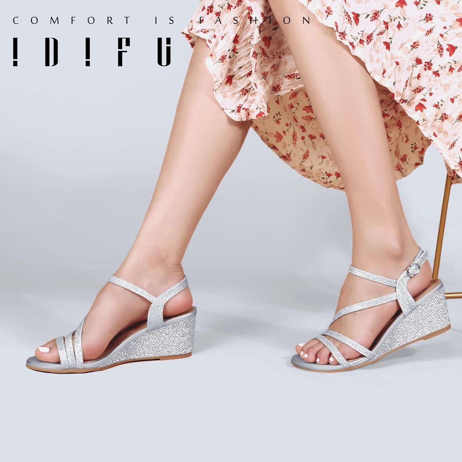 image:imageIDIFU Womens Wedge Heel Sandal Dress Low Strappy 2 Inch Open Toe Wedding Bridal Shoes for Woman Ladies Evening FormalSilver Glitter