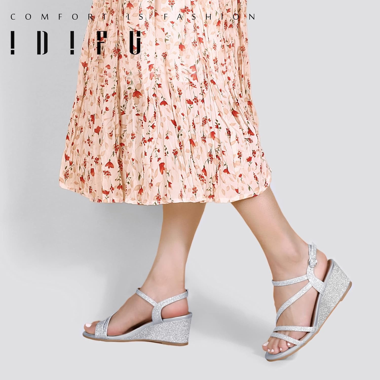 image:imageIDIFU Womens Wedge Heel Sandal Dress Low Strappy 2 Inch Open Toe Wedding Bridal Shoes for Woman Ladies Evening FormalSilver Glitter