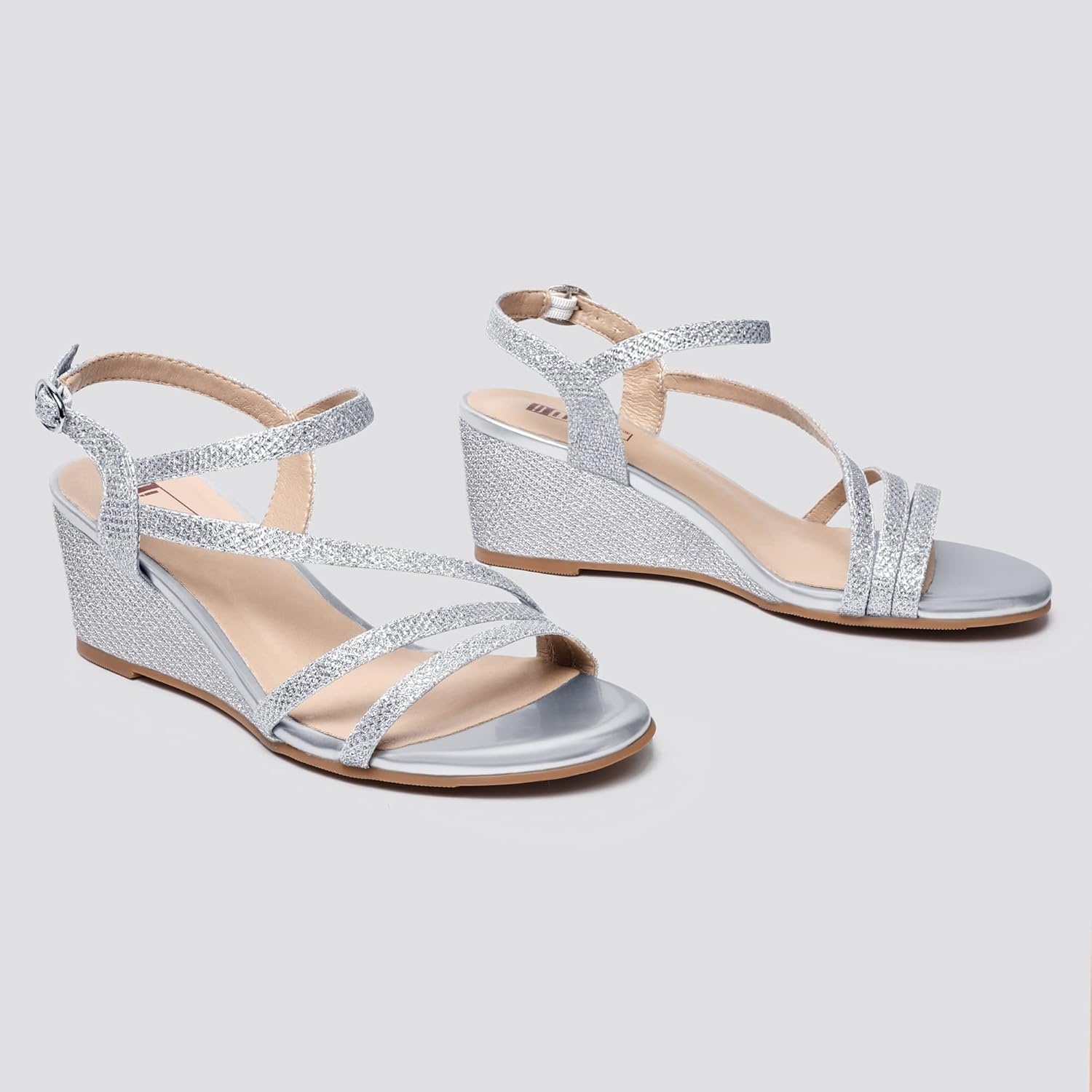 image:imageIDIFU Womens Wedge Heel Sandal Dress Low Strappy 2 Inch Open Toe Wedding Bridal Shoes for Woman Ladies Evening FormalSilver Glitter