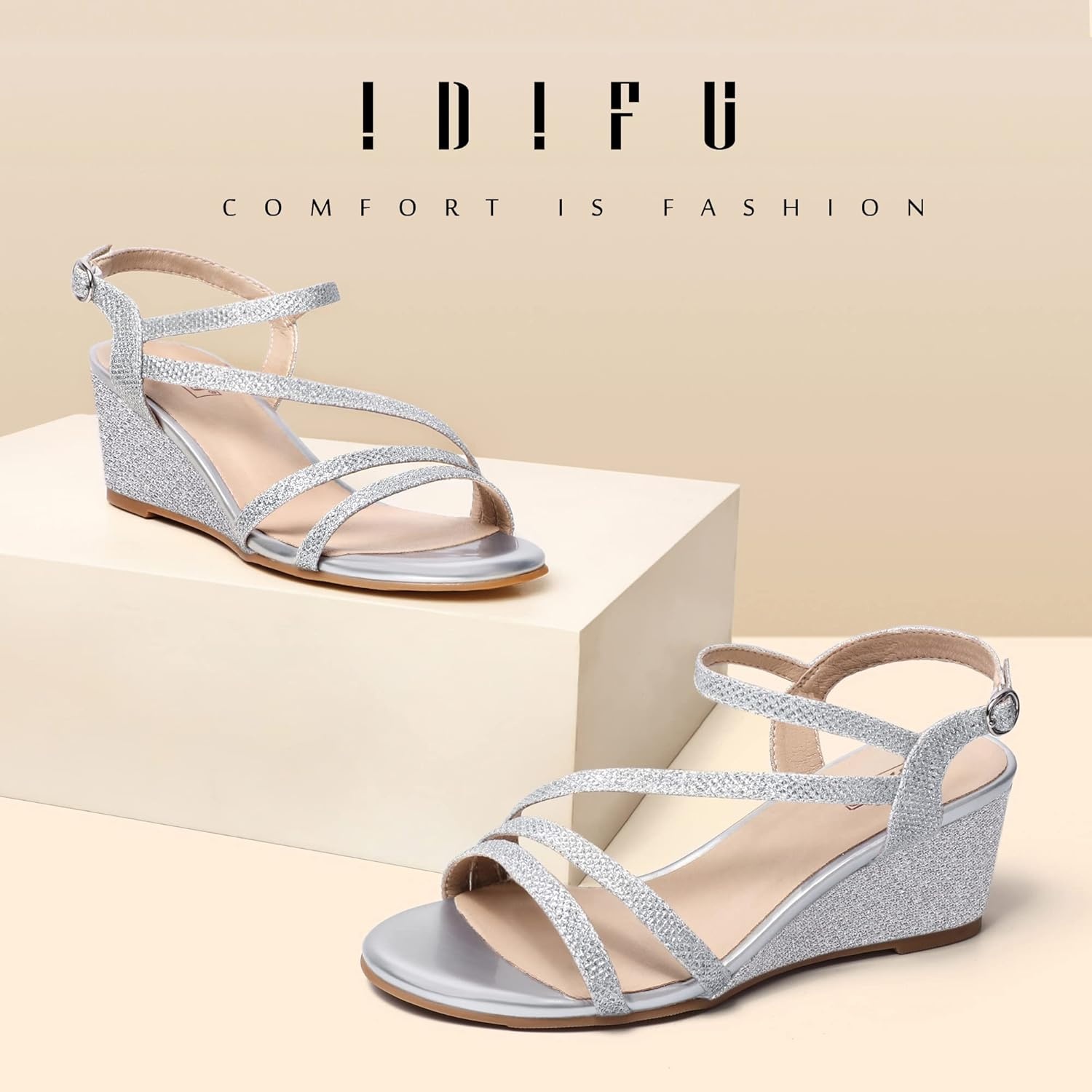 image:imageIDIFU Womens Wedge Heel Sandal Dress Low Strappy 2 Inch Open Toe Wedding Bridal Shoes for Woman Ladies Evening FormalSilver Glitter