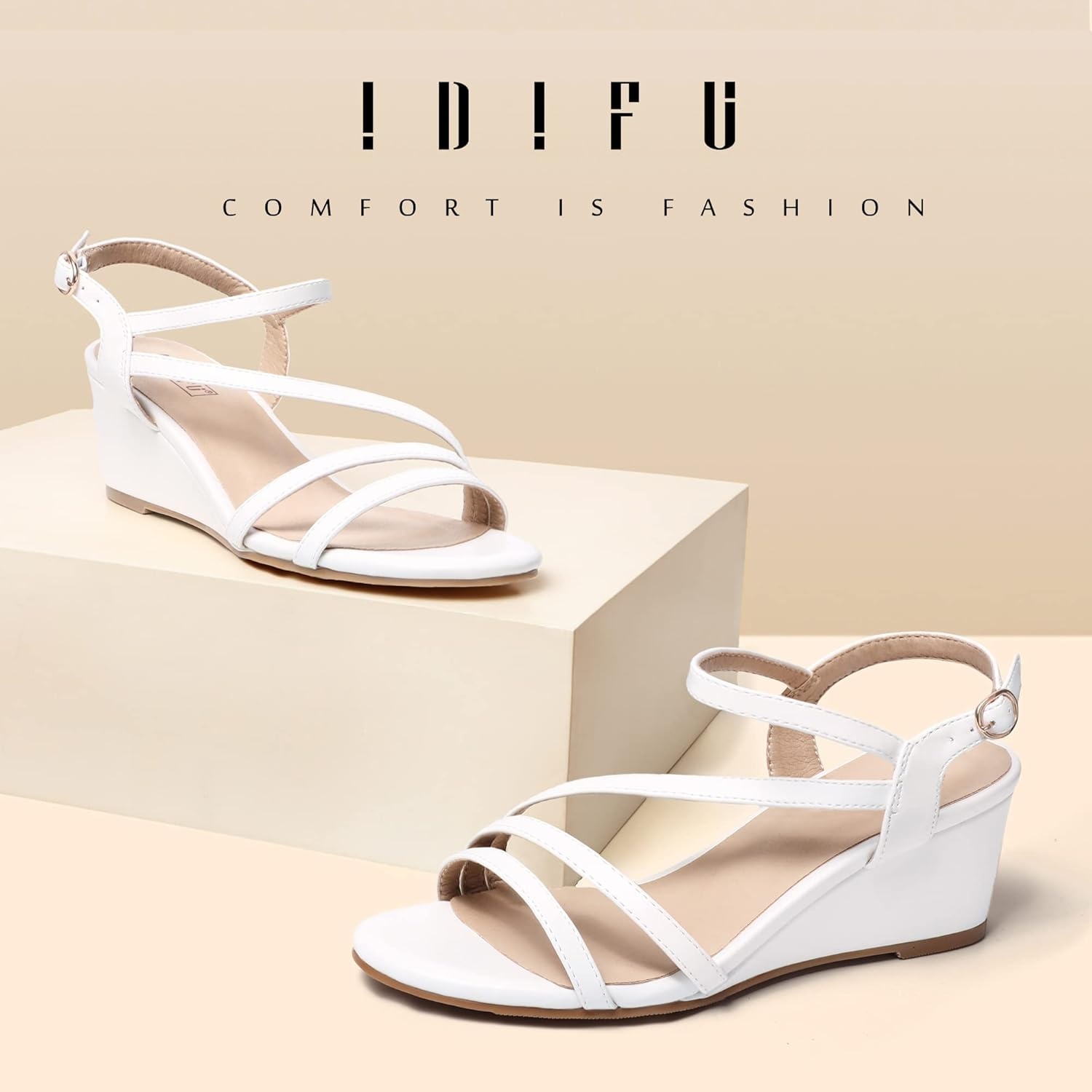 image:imageIDIFU Womens Wedge Heel Sandal Dress Low Strappy 2 Inch Open Toe Wedding Bridal Shoes for Woman Ladies Evening FormalWhite Pu