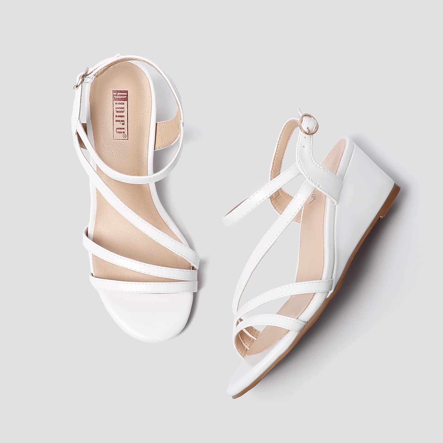 image:imageIDIFU Womens Wedge Heel Sandal Dress Low Strappy 2 Inch Open Toe Wedding Bridal Shoes for Woman Ladies Evening FormalWhite Pu