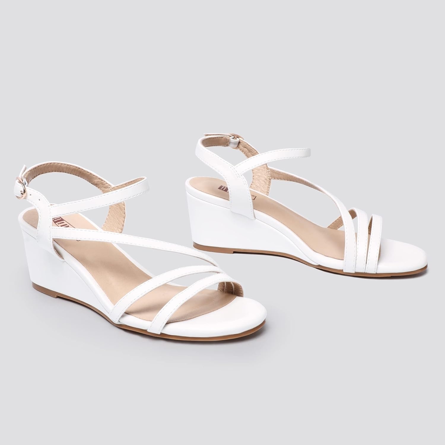 image:imageIDIFU Womens Wedge Heel Sandal Dress Low Strappy 2 Inch Open Toe Wedding Bridal Shoes for Woman Ladies Evening FormalWhite Pu