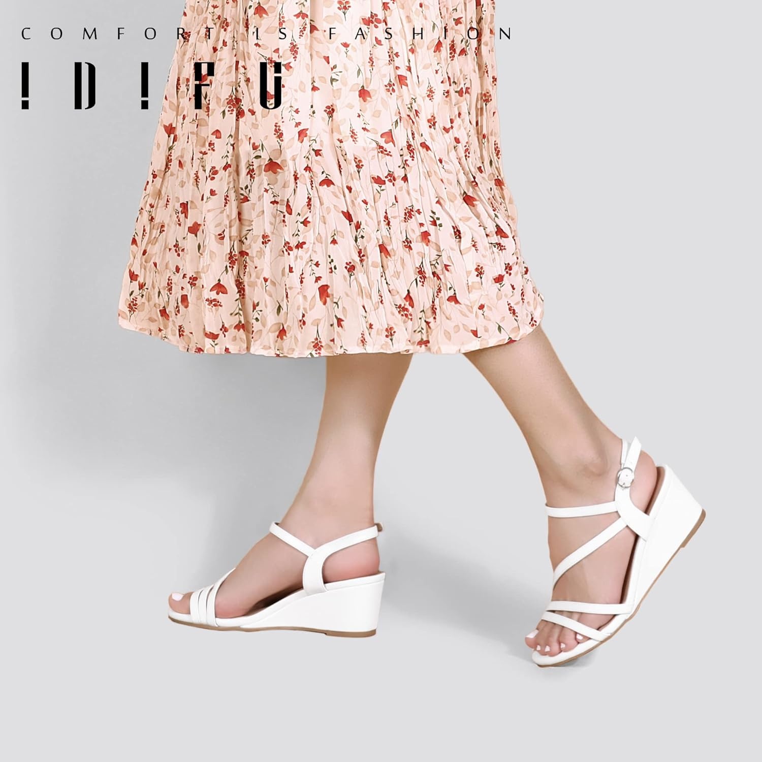 image:imageIDIFU Womens Wedge Heel Sandal Dress Low Strappy 2 Inch Open Toe Wedding Bridal Shoes for Woman Ladies Evening FormalWhite Pu