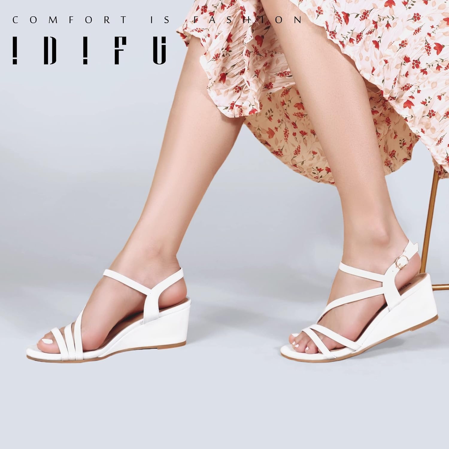 image:imageIDIFU Womens Wedge Heel Sandal Dress Low Strappy 2 Inch Open Toe Wedding Bridal Shoes for Woman Ladies Evening FormalWhite Pu