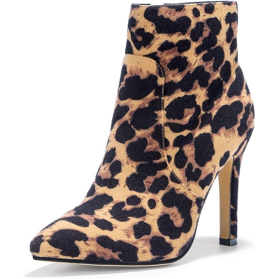 image:imageIDIFU Ankle Boots for Women High Heel Pointed Toe Boots Side Zipper Stiletto BootiesLeopard Suede