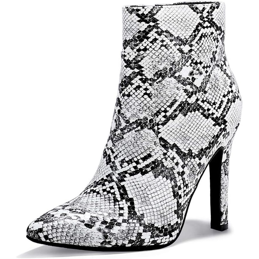 image:imageIDIFU Ankle Boots for Women High Heel Pointed Toe Boots Side Zipper Stiletto BootiesSnake White