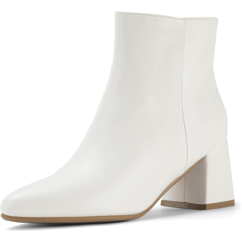 image:imageIDIFU IN2 Ankle Boots for Women Low Short Chunky Block Heel Boot Fall Pointed Toe Dress Booties Ladies Comfortable Cute Fashion BootsNew White